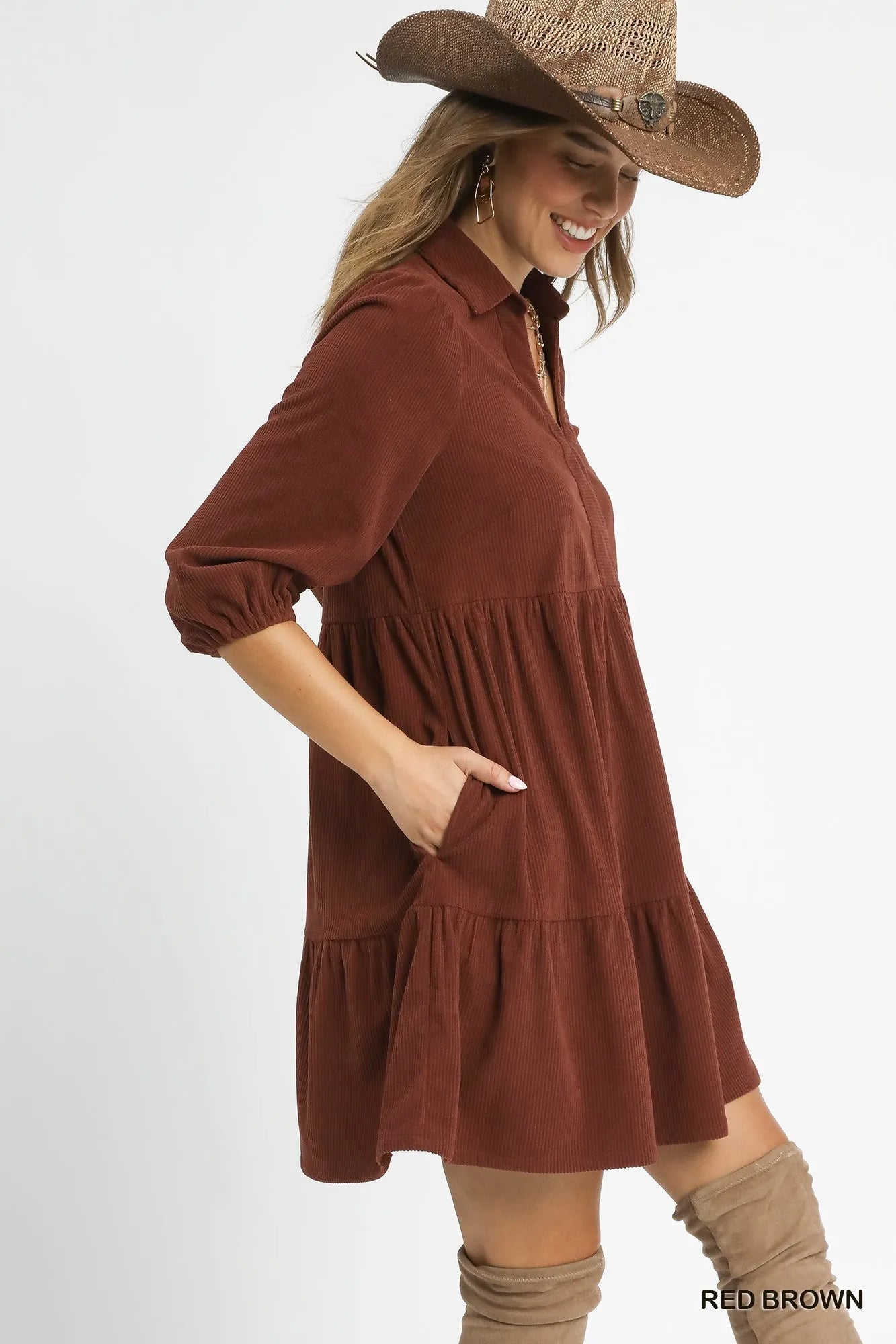 Umgee Tiered Corduroy Mini Dress with Balloon Sleeves - Jennie Dots