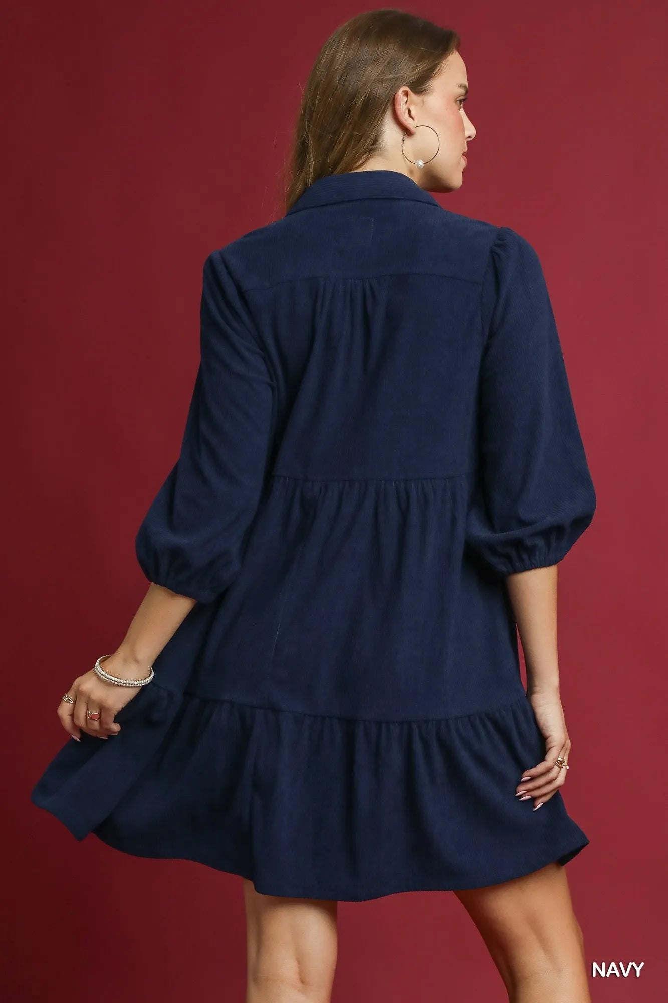 Umgee Tiered Corduroy Mini Dress with Balloon Sleeves - Jennie Dots