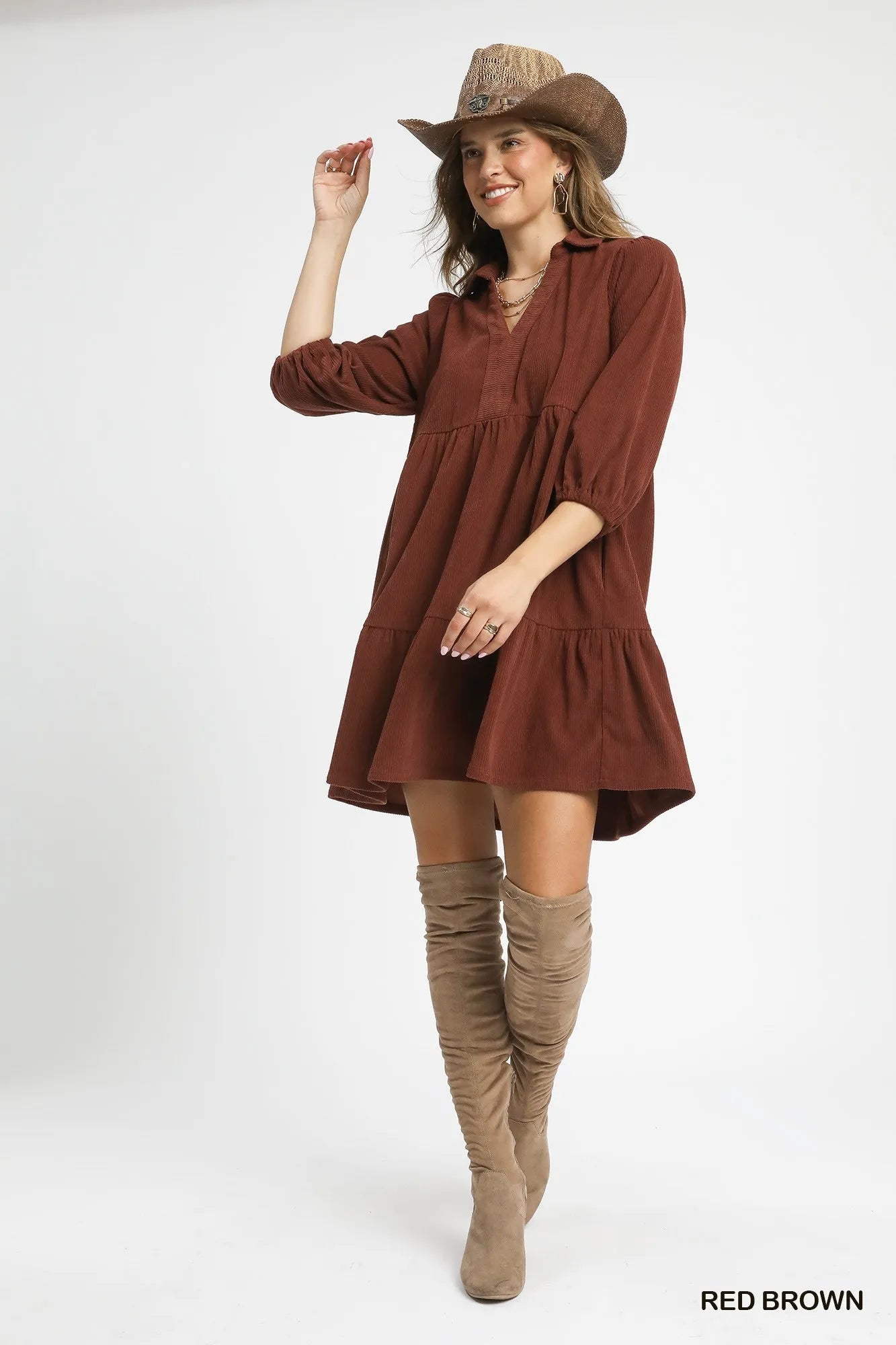 Umgee Tiered Corduroy Mini Dress with Balloon Sleeves - Jennie Dots