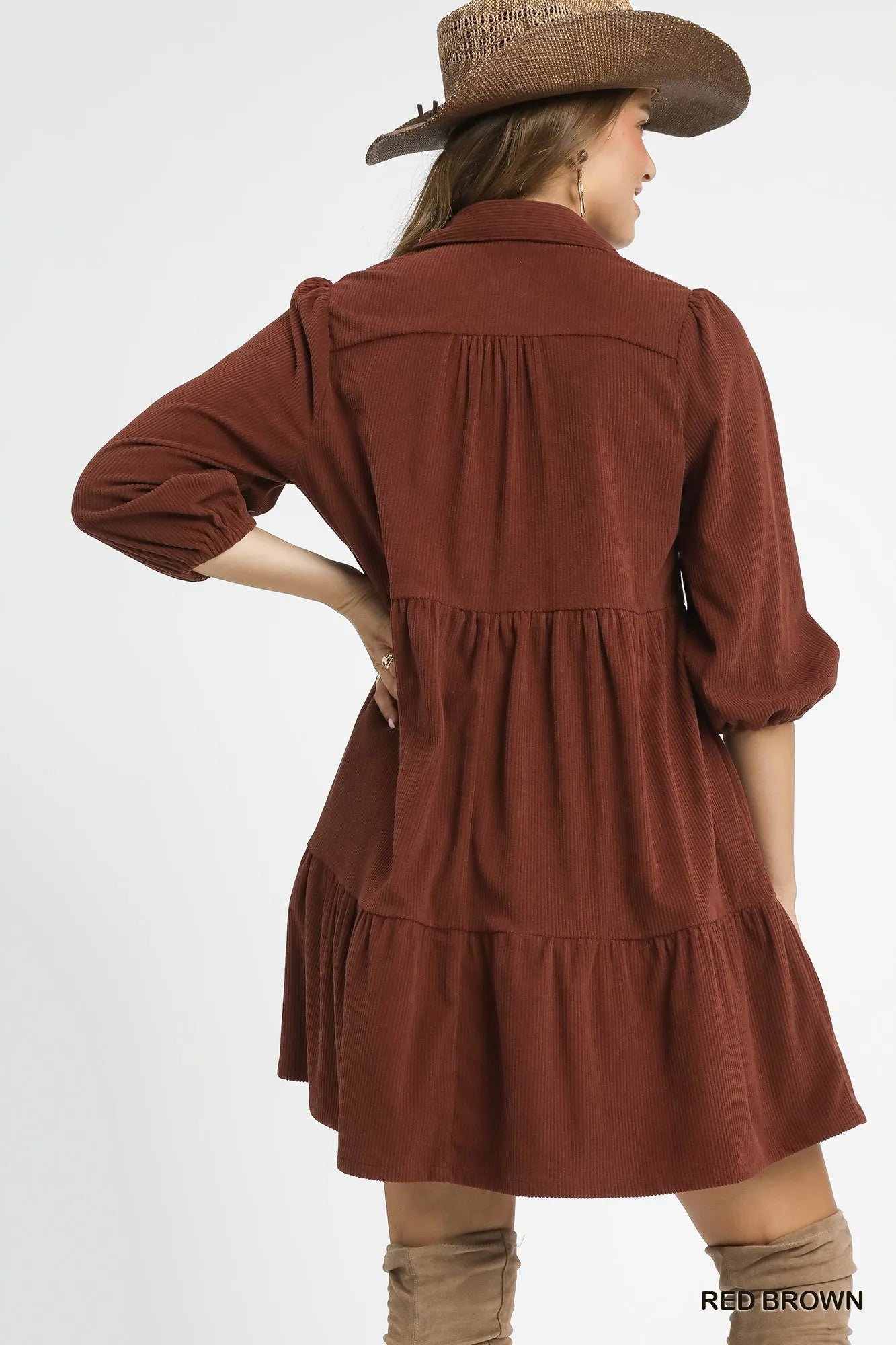 Umgee Tiered Corduroy Mini Dress with Balloon Sleeves - Jennie Dots