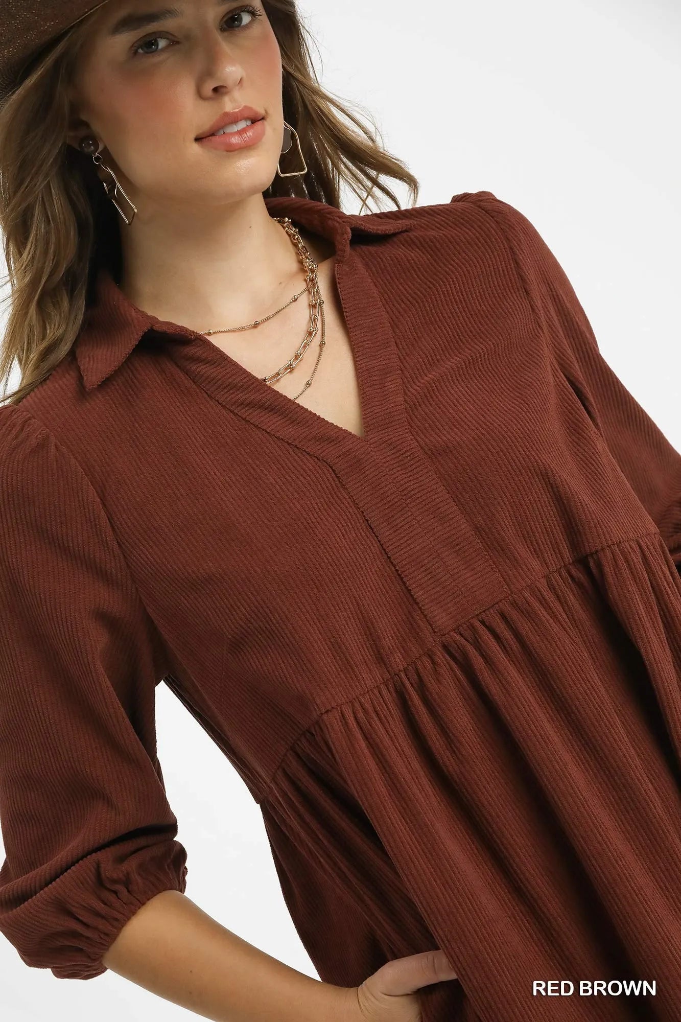 Umgee Tiered Corduroy Mini Dress with Balloon Sleeves - Jennie Dots