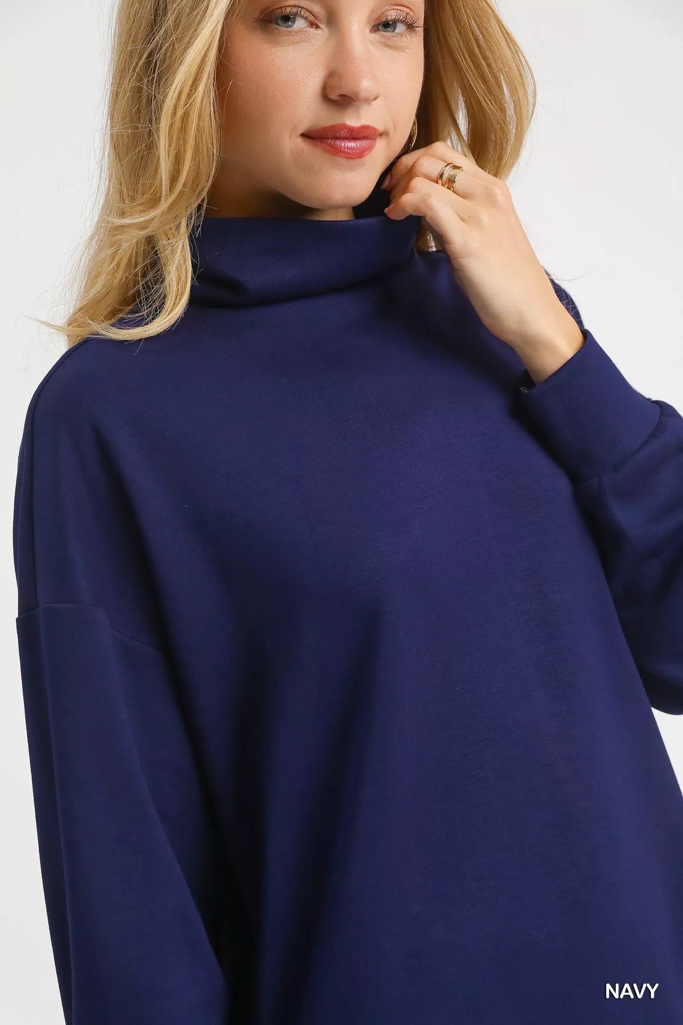 Umgee Turtle Neck Dolman Sleeve Side Slit Sweater with Contrast Detail - Jennie Dots