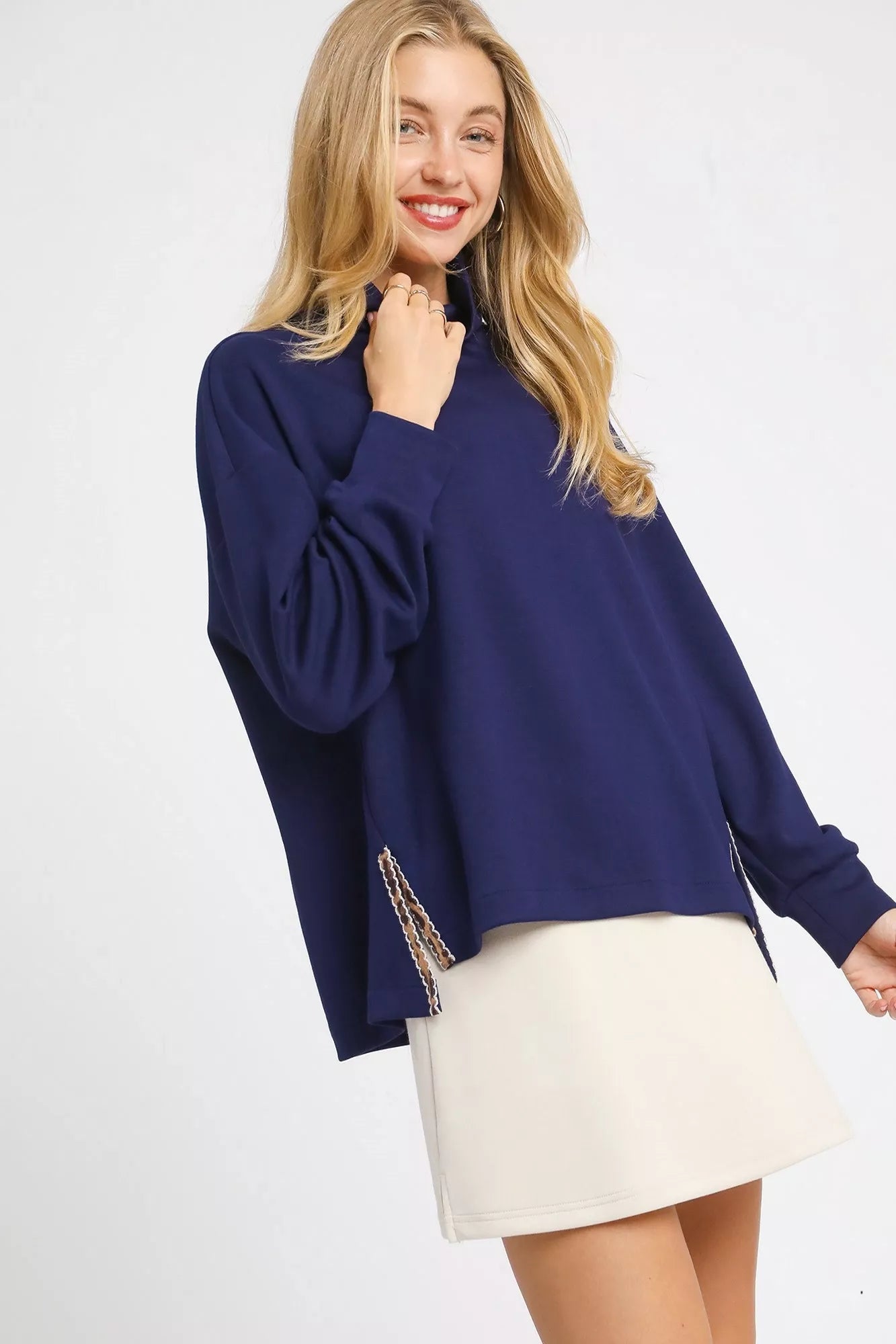 Umgee Turtle Neck Dolman Sleeve Side Slit Sweater with Contrast Detail - Jennie Dots