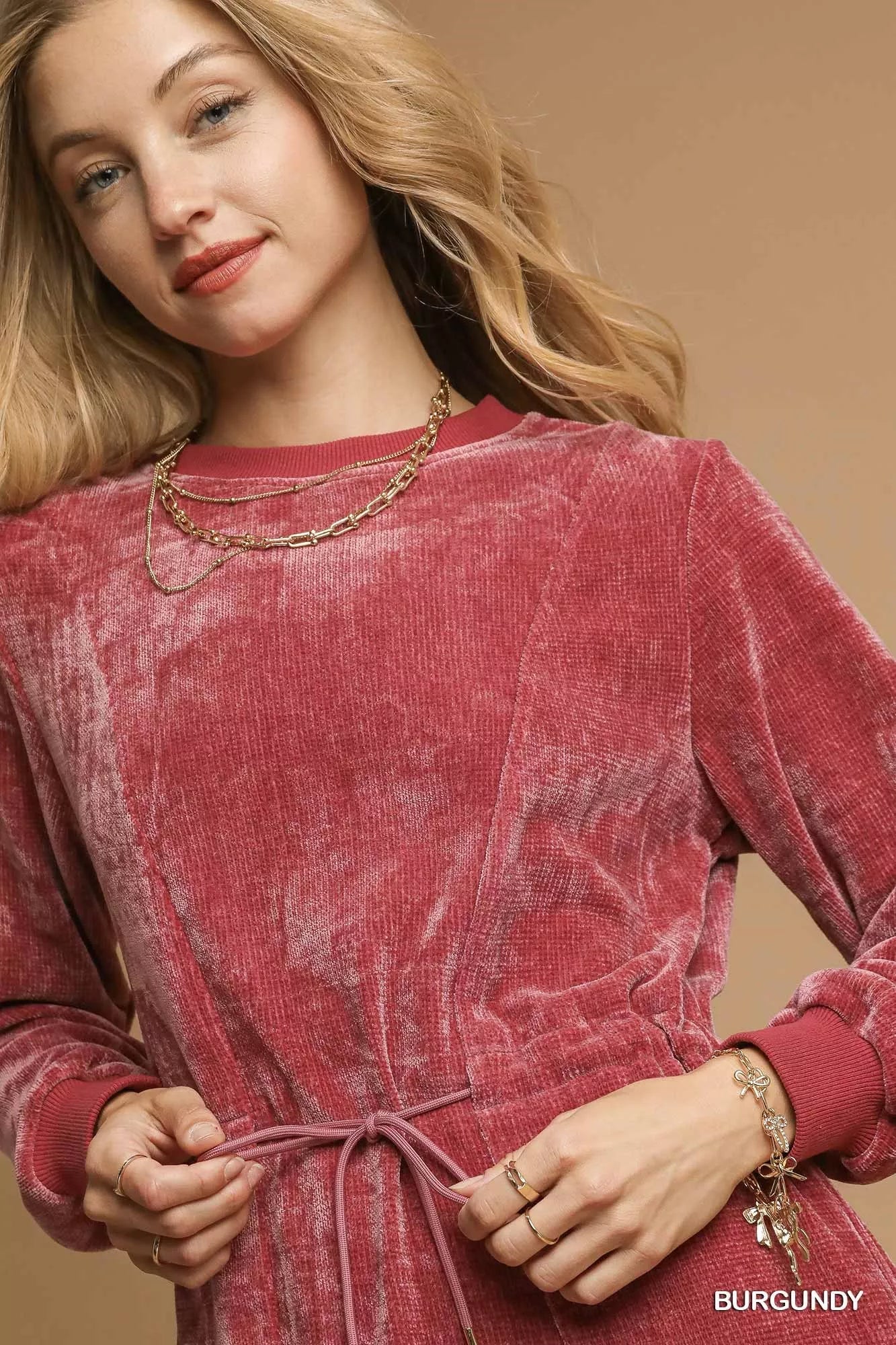 Umgee Velour Drawstring Mini Dress with Long Sleeves - Jennie Dots