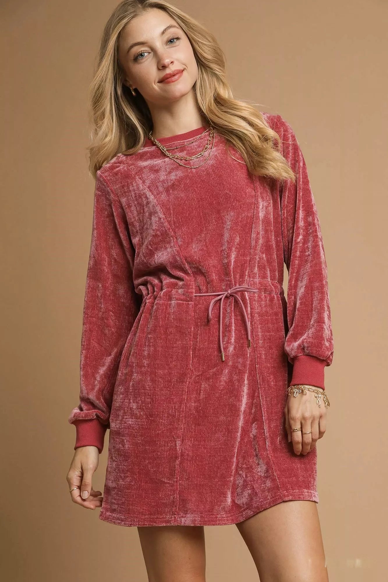 Umgee Velour Drawstring Mini Dress with Long Sleeves - Jennie Dots