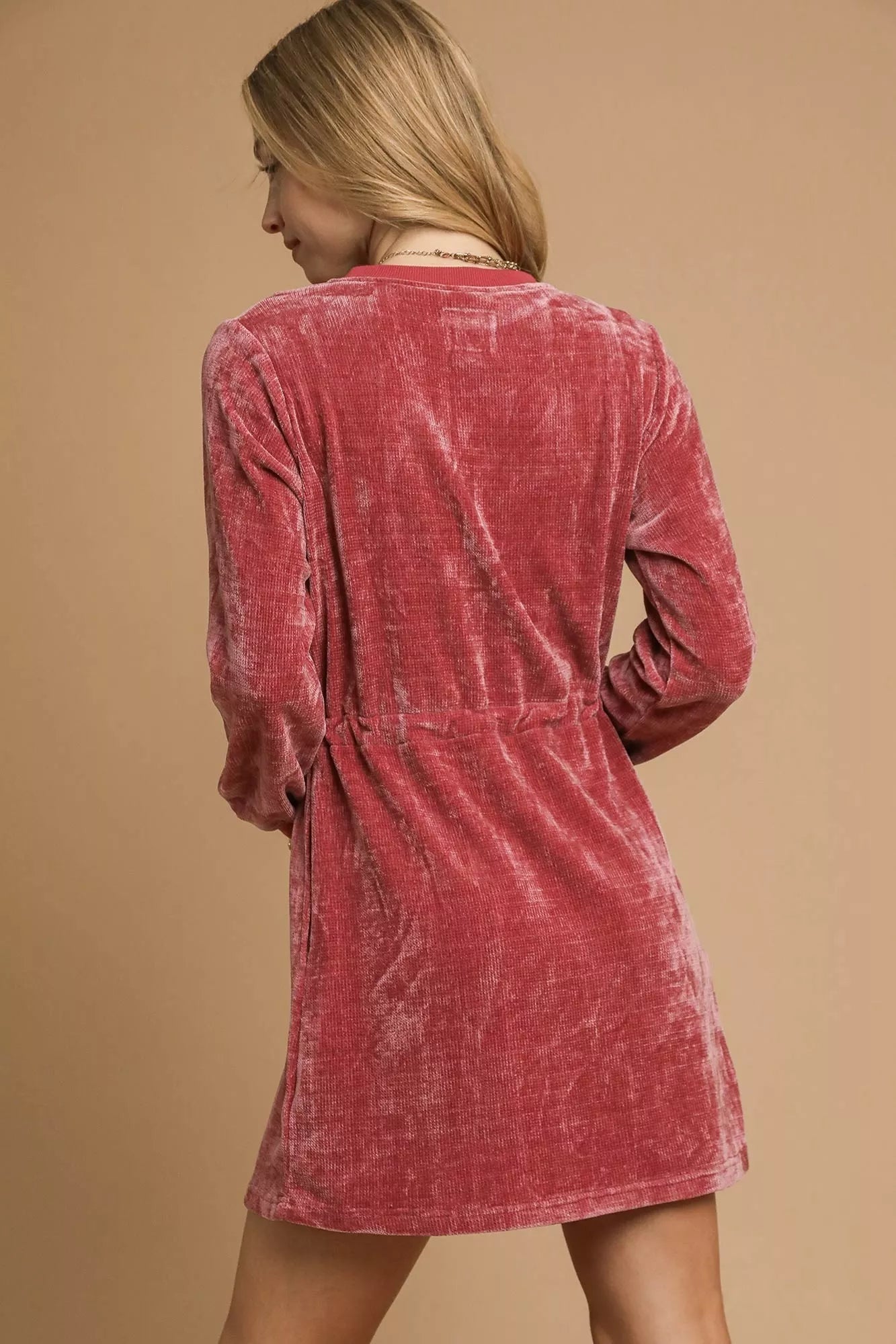 Umgee Velour Drawstring Mini Dress with Long Sleeves - Jennie Dots