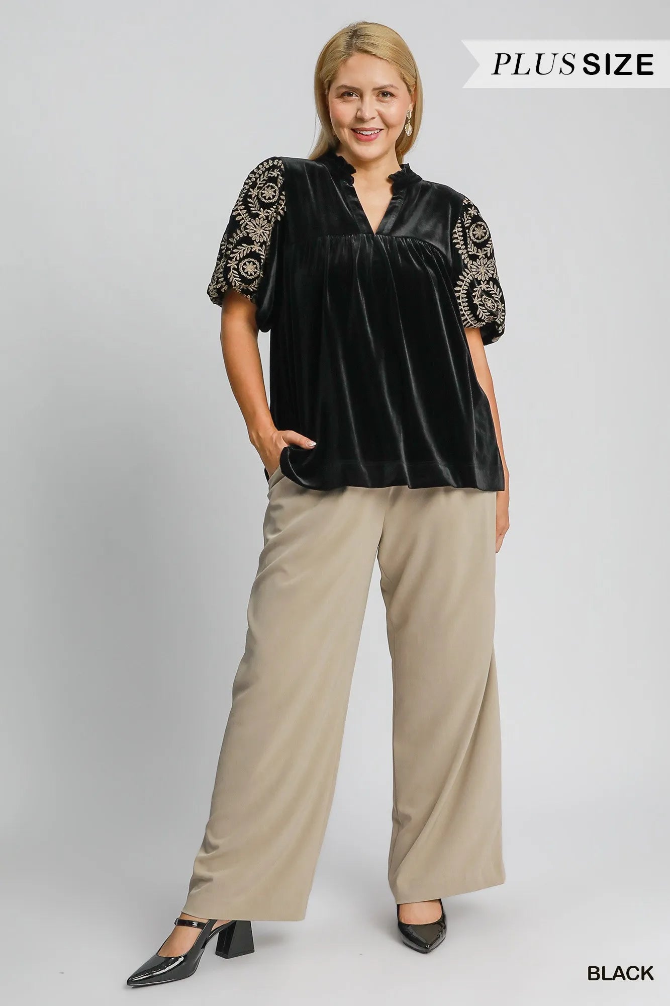 Umgee Velvet Embroidered Sleeve Blouse - Jennie Dots