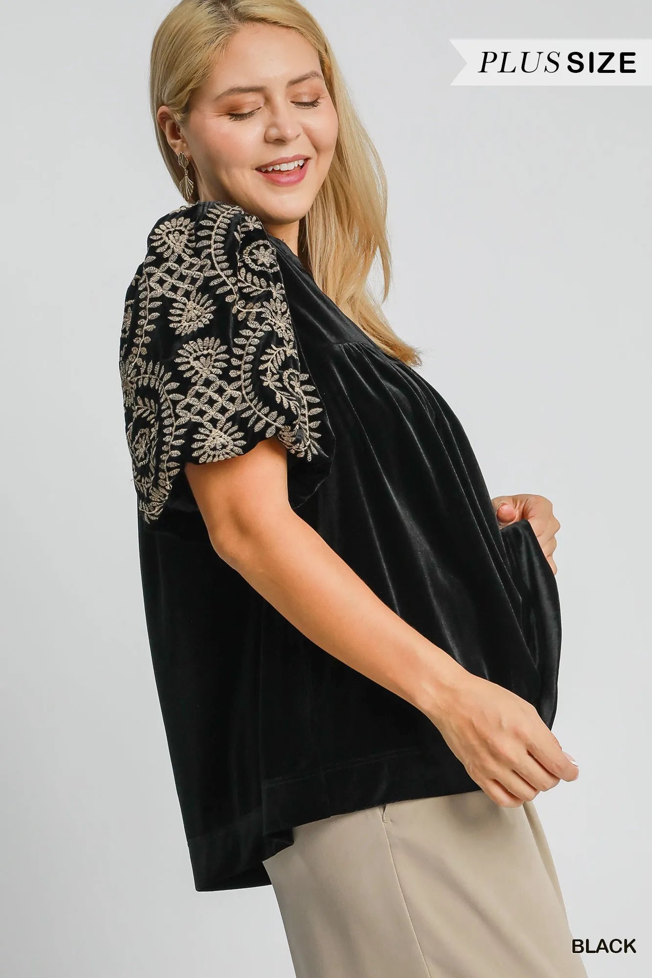 Umgee Velvet Embroidered Sleeve Blouse - Jennie Dots