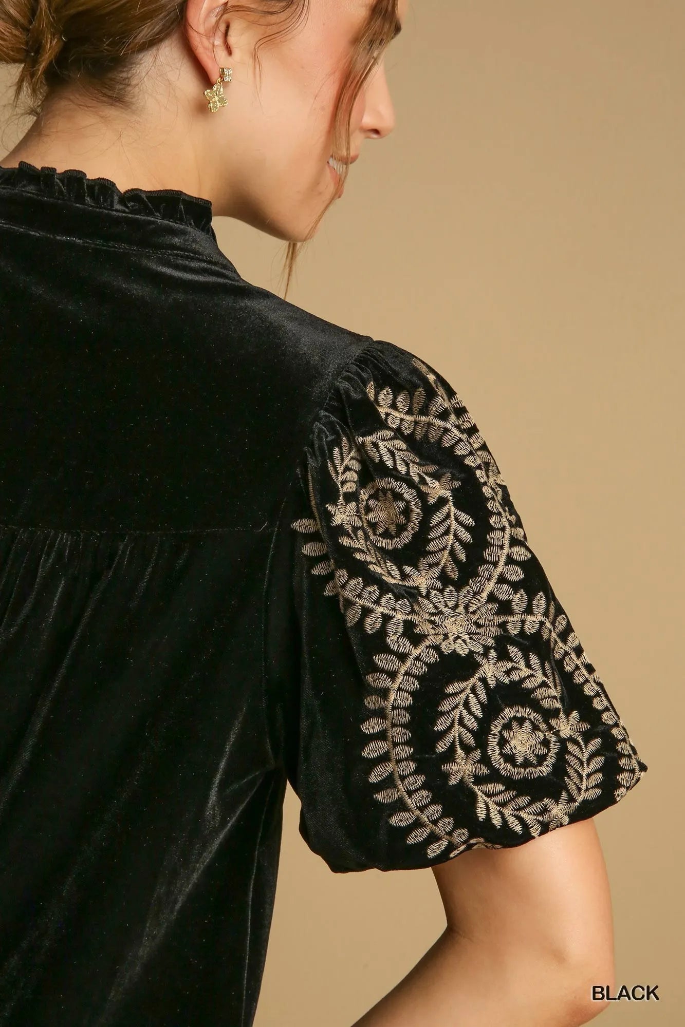 Umgee Velvet Embroidered Sleeve Blouse - Jennie Dots