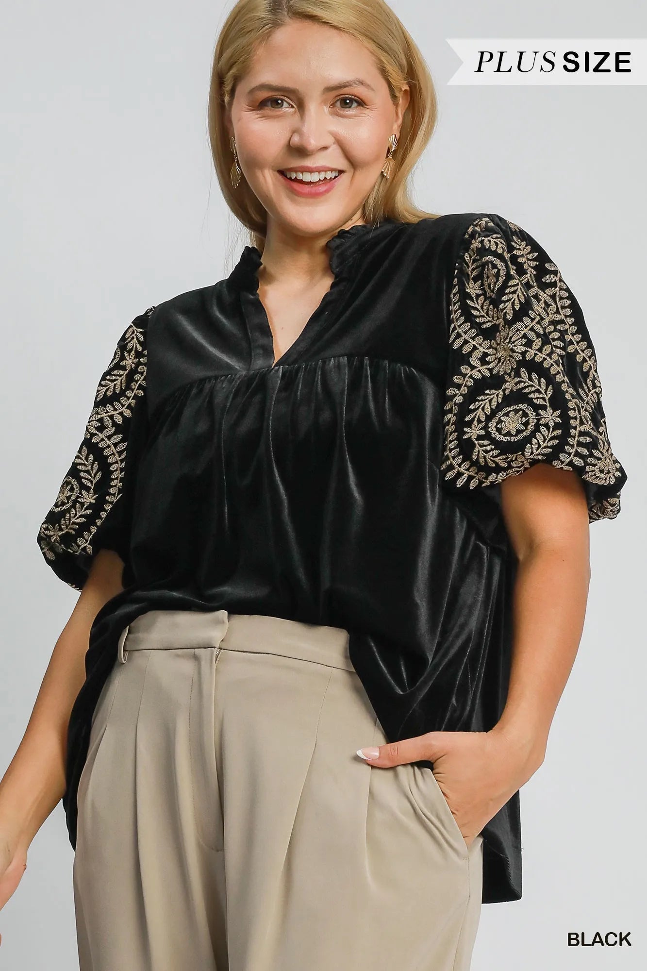 Umgee Velvet Embroidered Sleeve Blouse - Jennie Dots