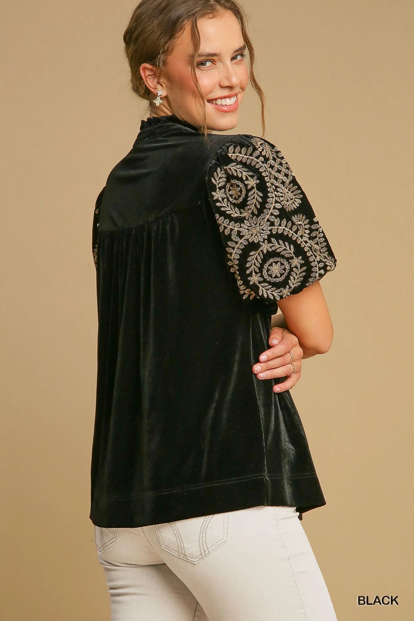 Umgee Velvet Embroidered Sleeve Blouse - Jennie Dots