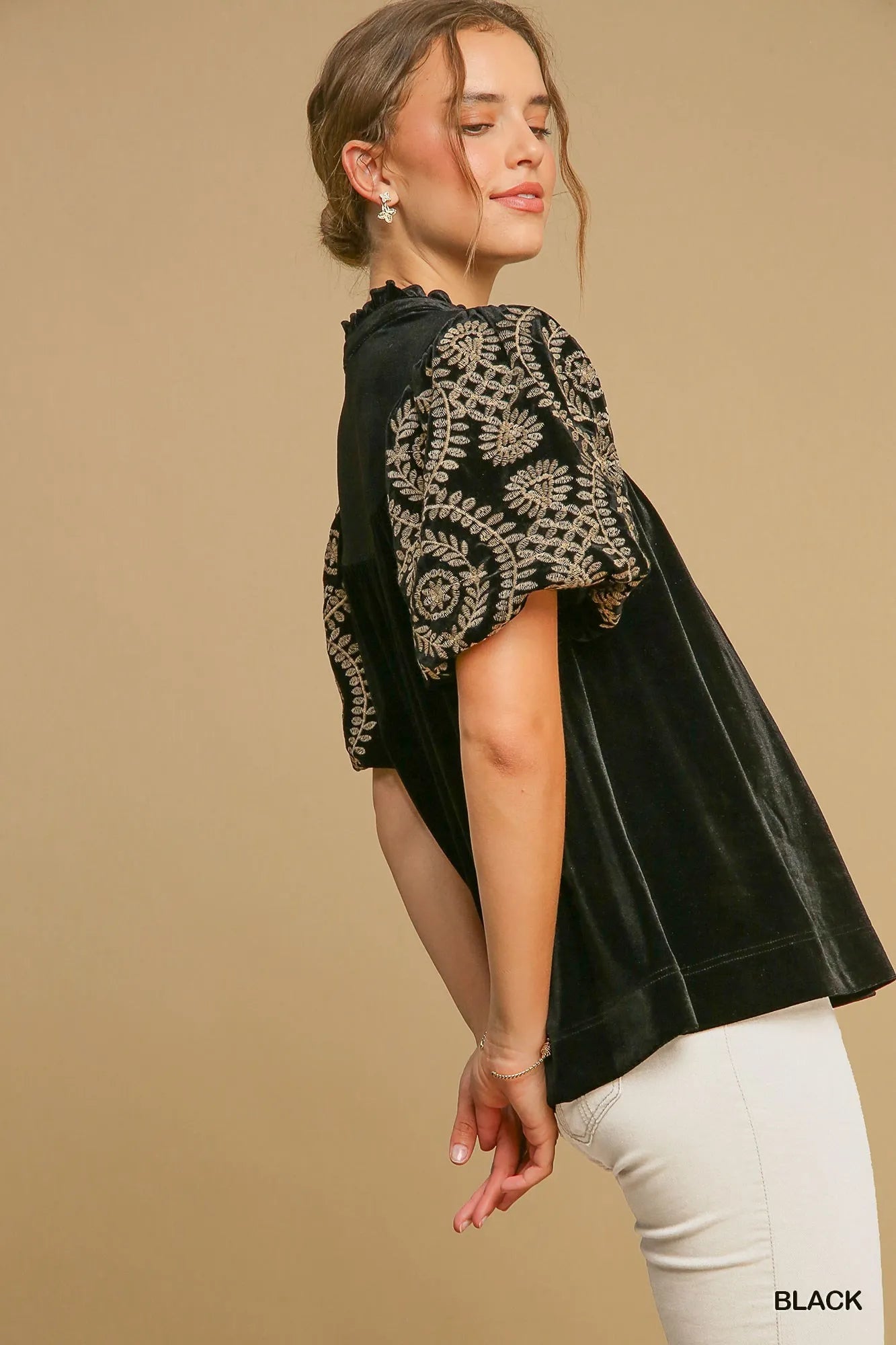 Umgee Velvet Embroidered Sleeve Blouse - Jennie Dots