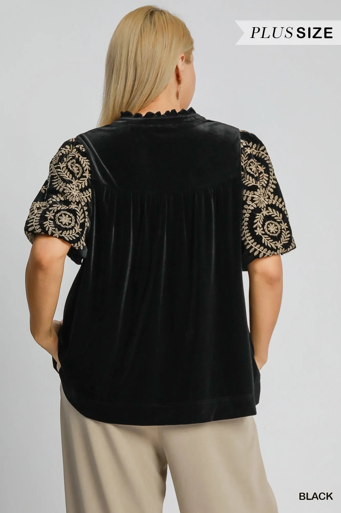 Umgee Velvet Embroidered Sleeve Blouse - Jennie Dots