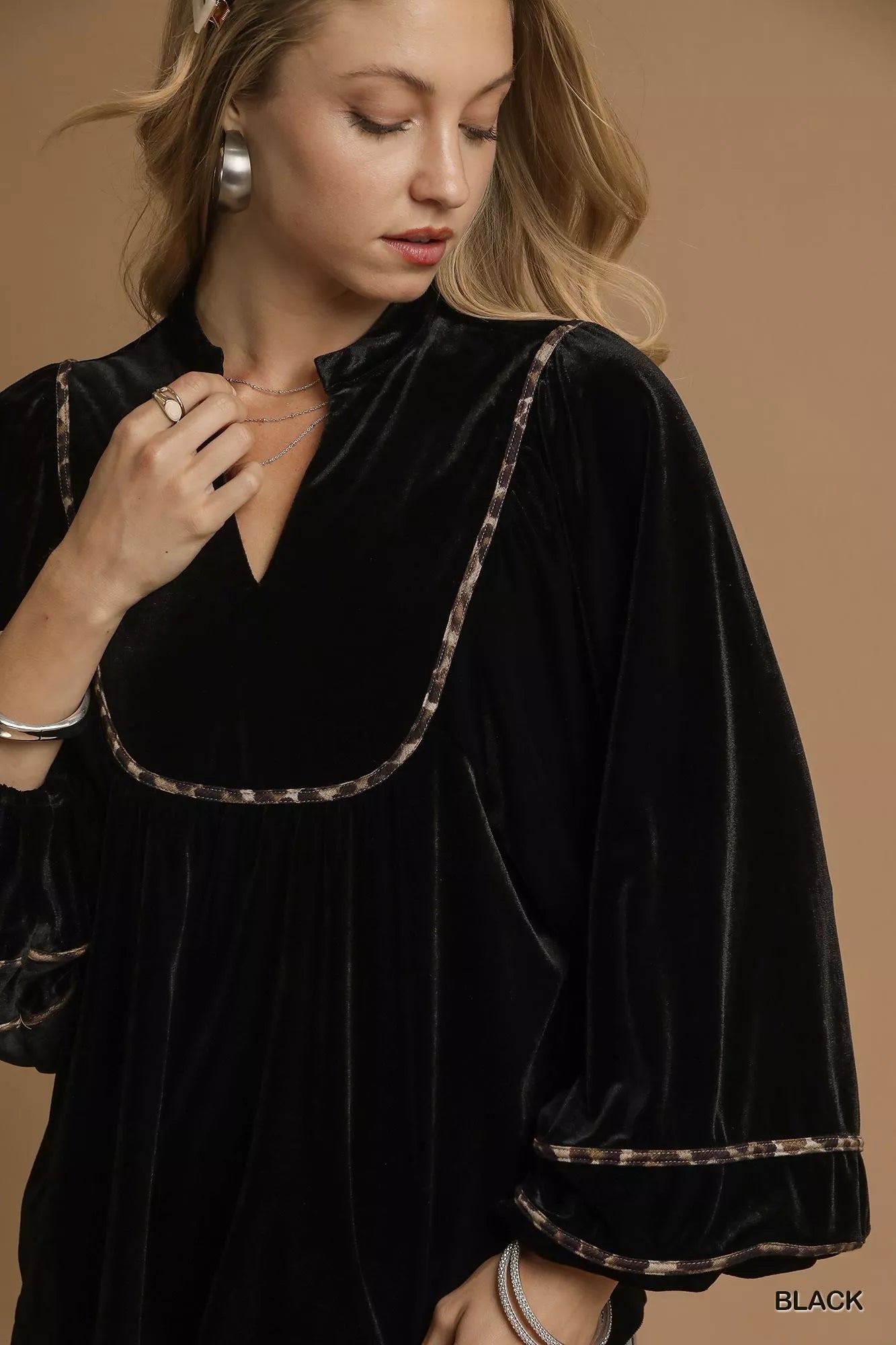 Umgee Velvet Long Sleeve Blouse with Contrast Trim - Jennie Dots