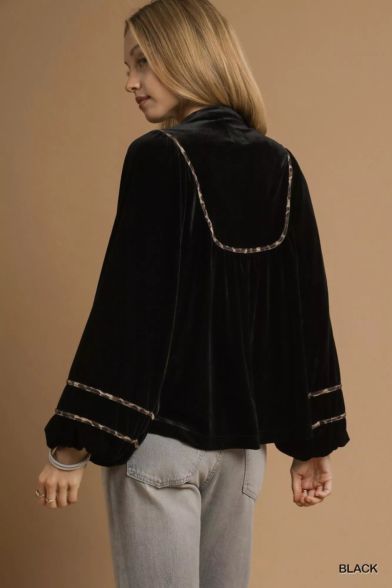 Umgee Velvet Long Sleeve Blouse with Contrast Trim - Jennie Dots