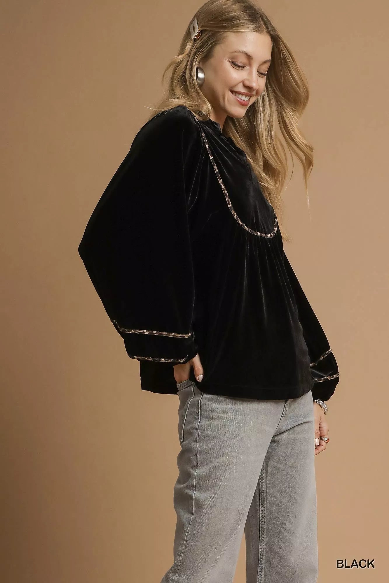 Umgee Velvet Long Sleeve Blouse with Contrast Trim - Jennie Dots