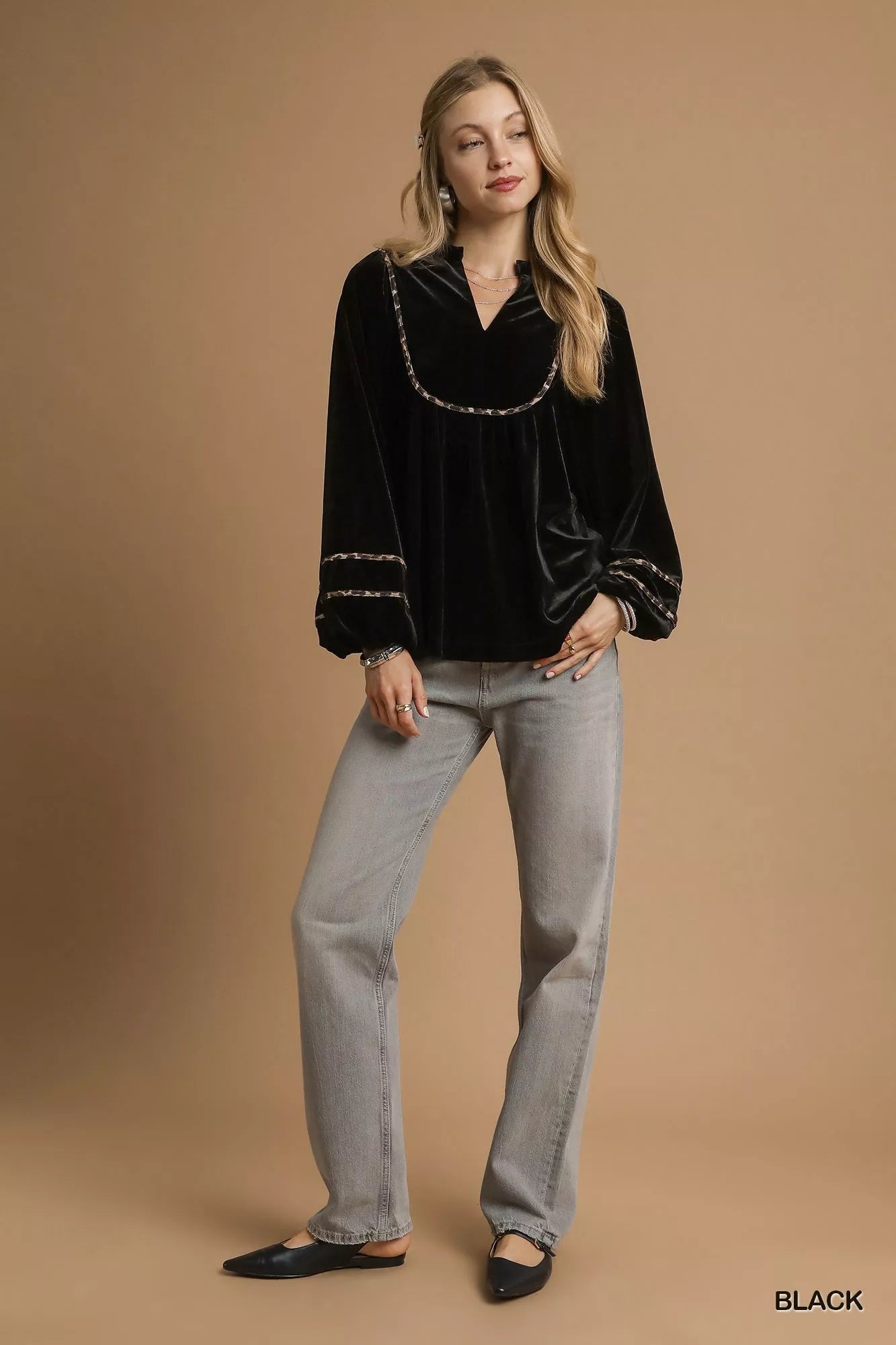 Umgee Velvet Long Sleeve Blouse with Contrast Trim - Jennie Dots