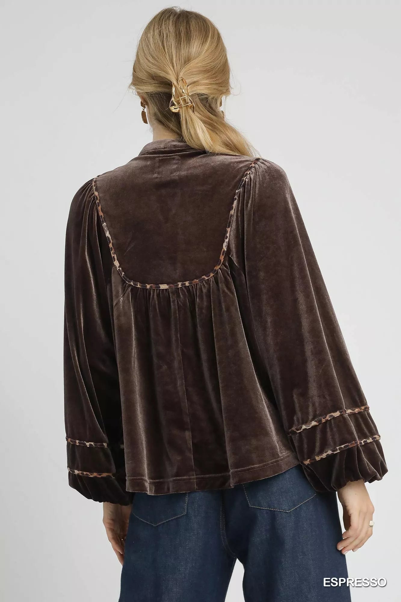 Umgee Velvet Long Sleeve Blouse with Contrast Trim - Jennie Dots