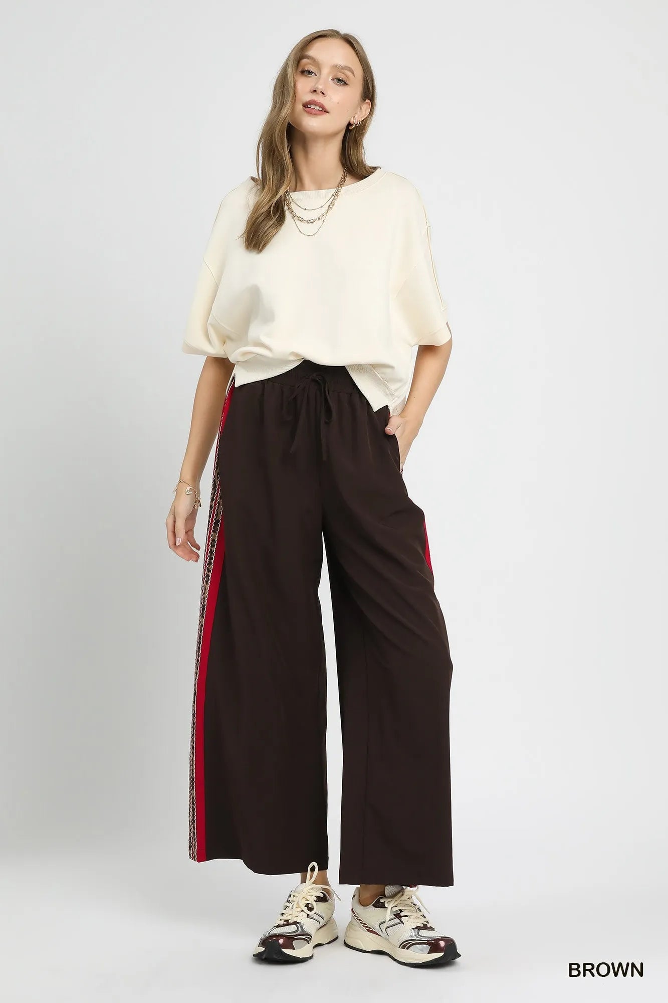 Umgee Wide Leg Pants with Contrast Side Trim - Jennie Dots