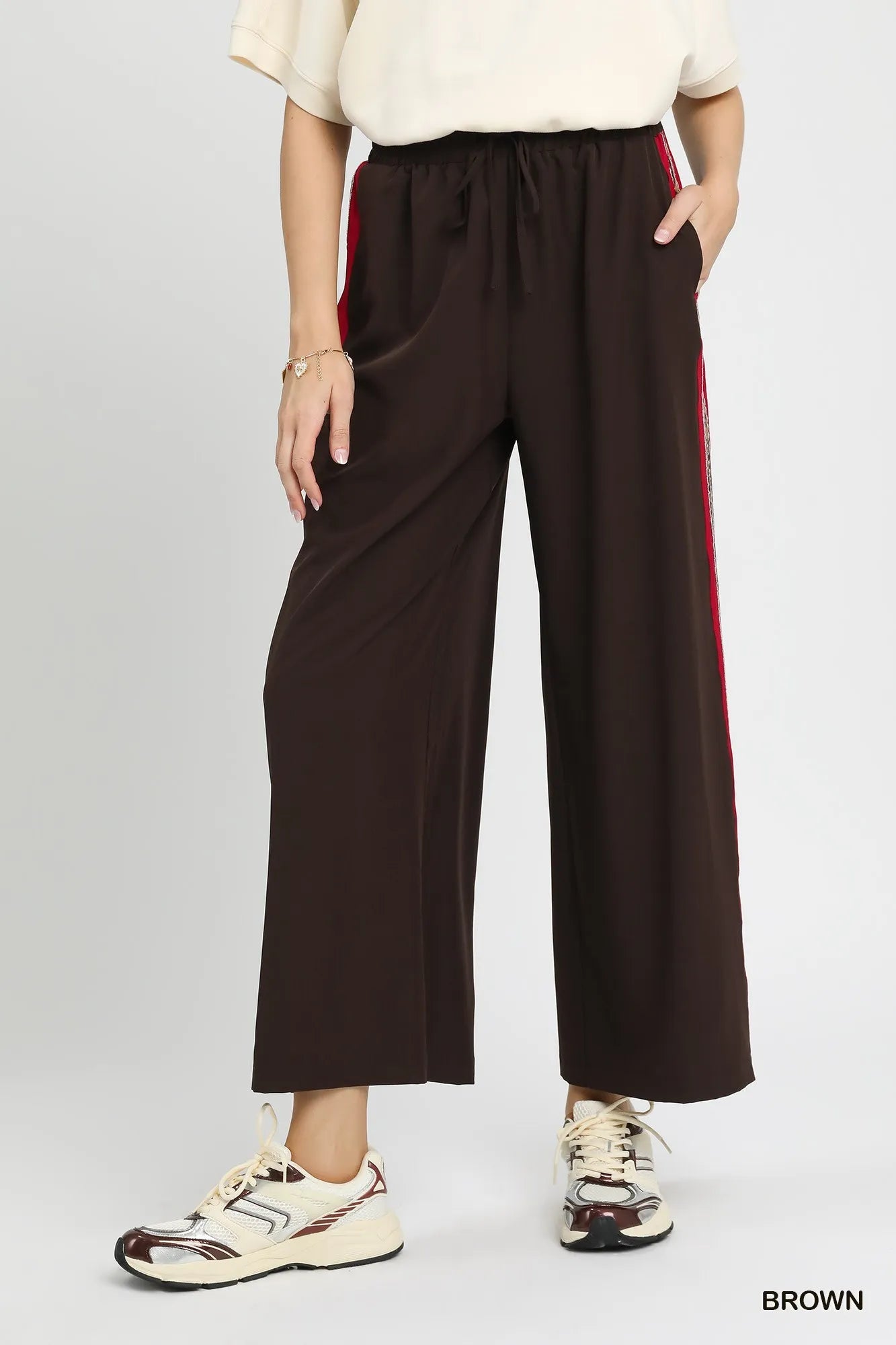 Umgee Wide Leg Pants with Contrast Side Trim - Jennie Dots