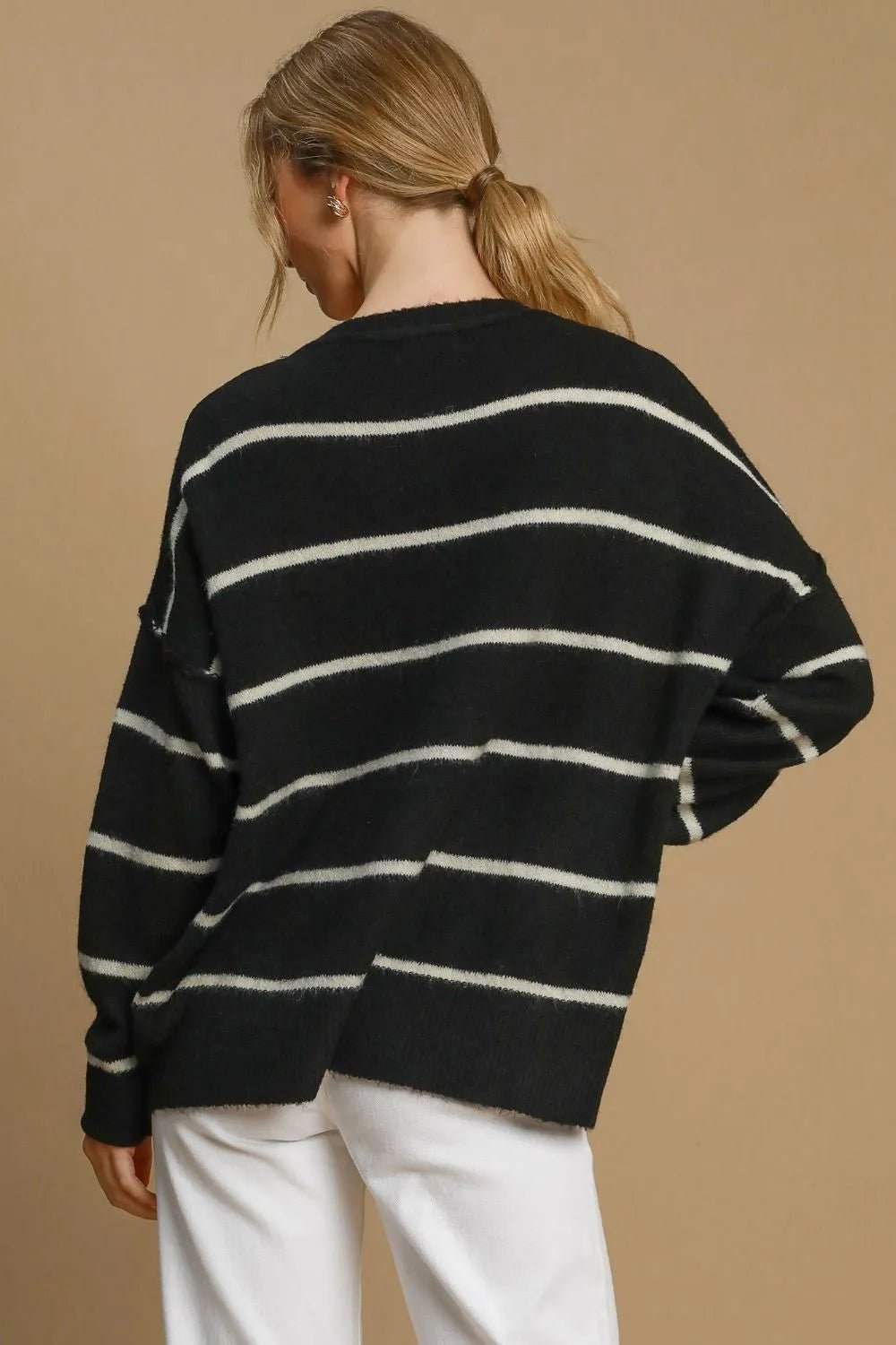 Umgee Wool Blend Striped Round Neck Sweater - Jennie Dots