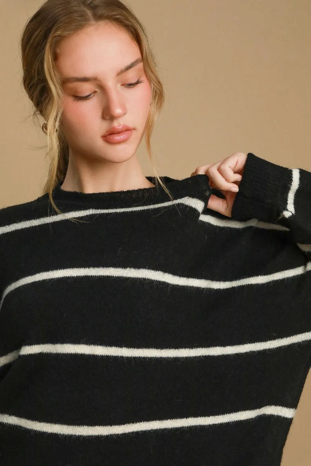 Umgee Wool Blend Striped Round Neck Sweater - Jennie Dots