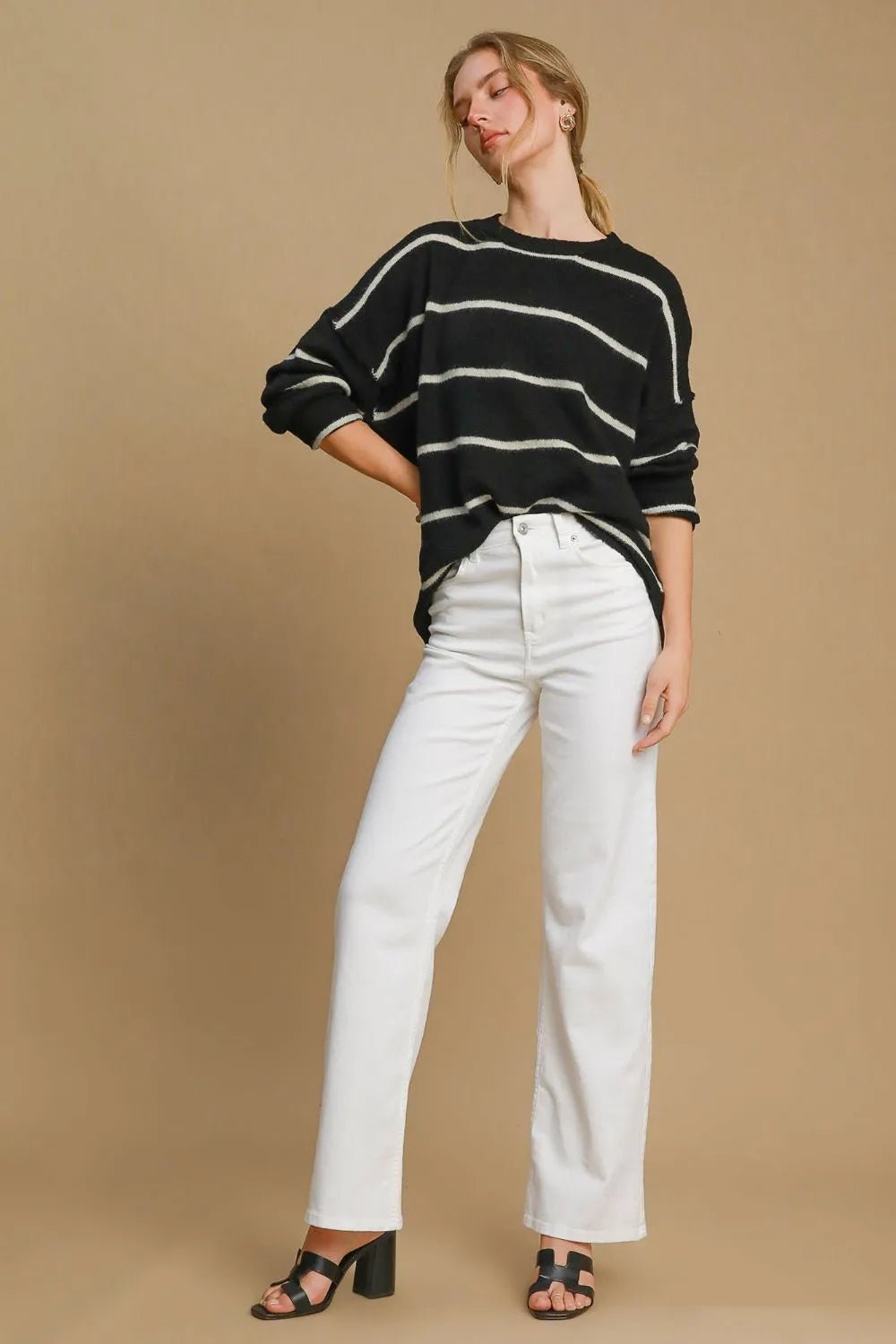 Umgee Wool Blend Striped Round Neck Sweater - Jennie Dots