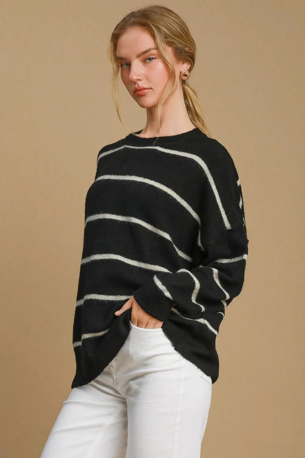 Umgee Wool Blend Striped Round Neck Sweater - Jennie Dots