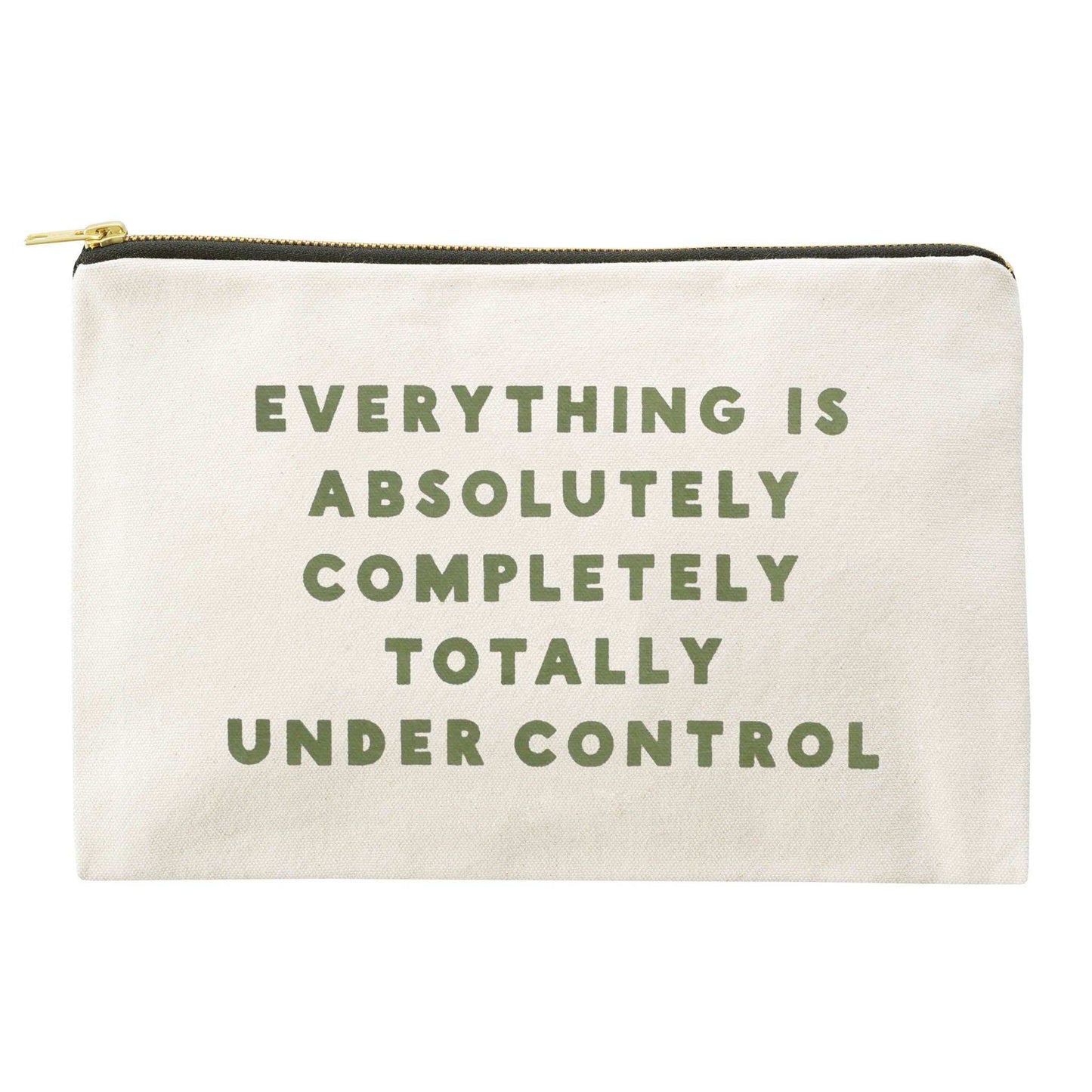 Large canvas pouch with olive green text print and gold zip
