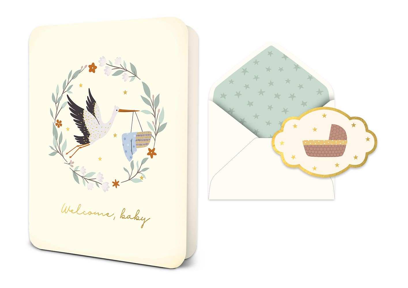 Welcome Baby Stork Deluxe Greeting Card with envelope and decorative seal featuring original artwork.