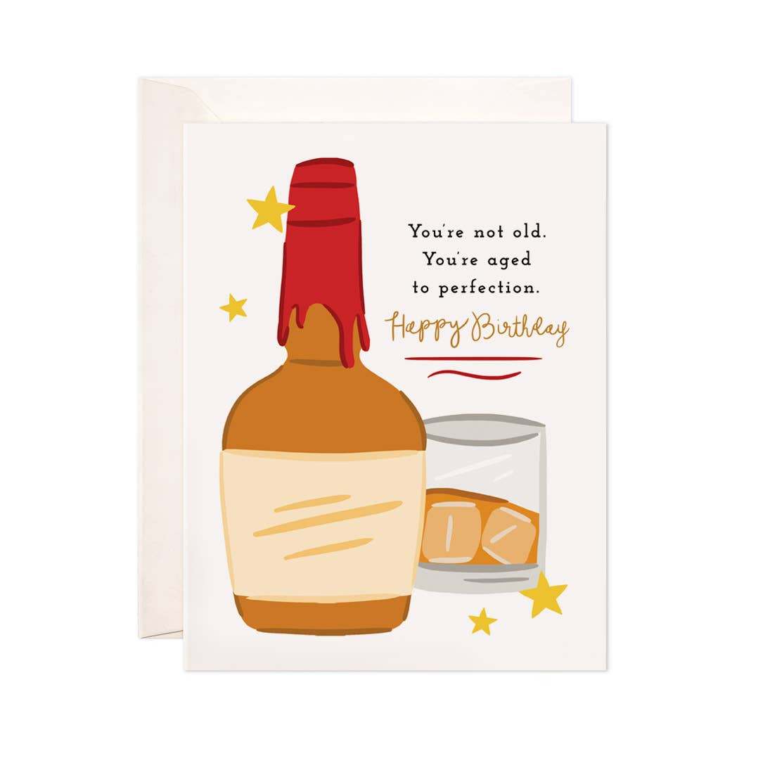 Whiskey Birthday Greeting Card with bottle and glass illustration, A2 size, blank interior.