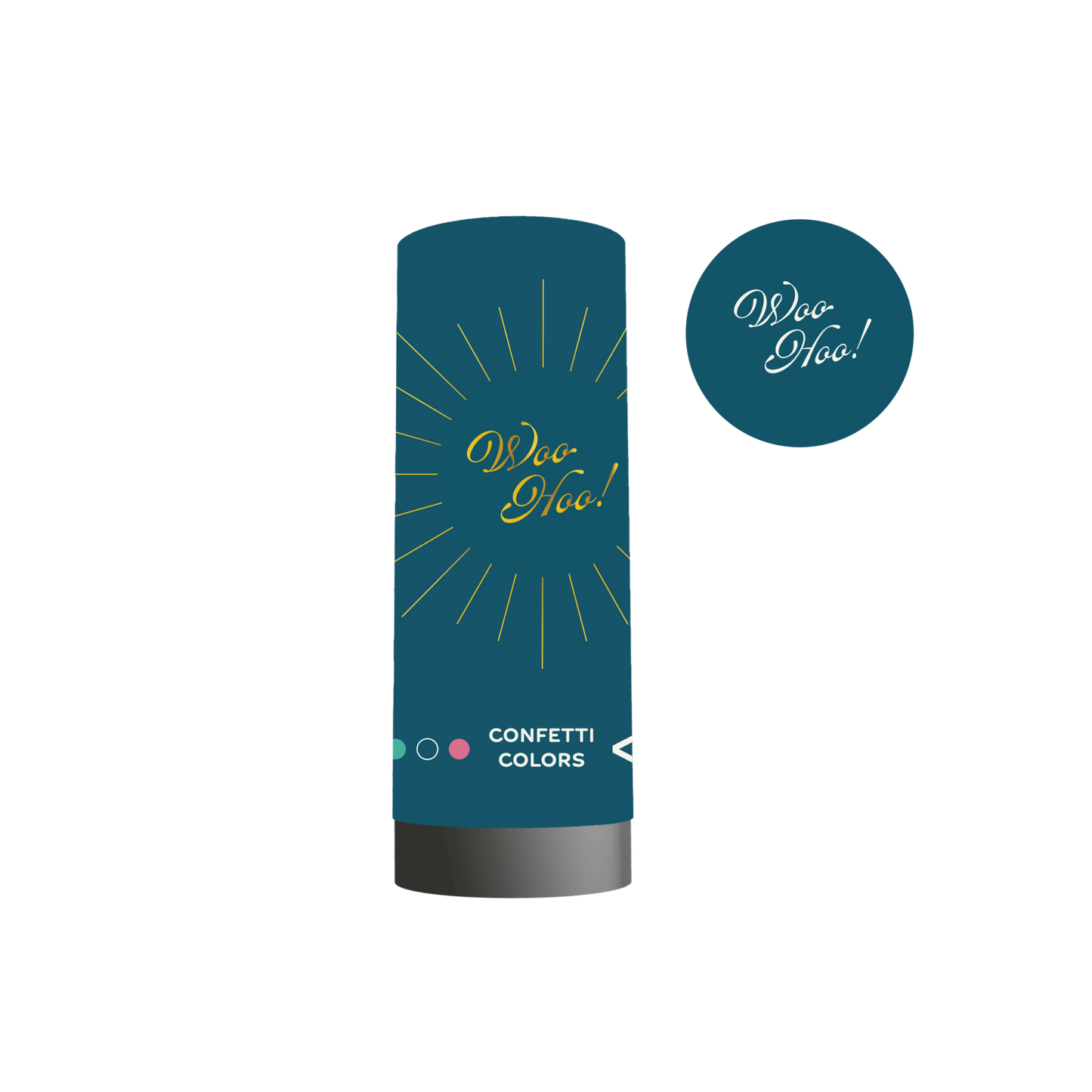Confetti popper with gold "Woo hoo!" inscription, filled with pink, navy, and green biodegradable confetti.
