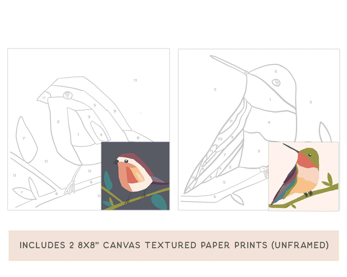 Paint by Number Kits with bird-themed canvas prints, unframed 8x8 inches.