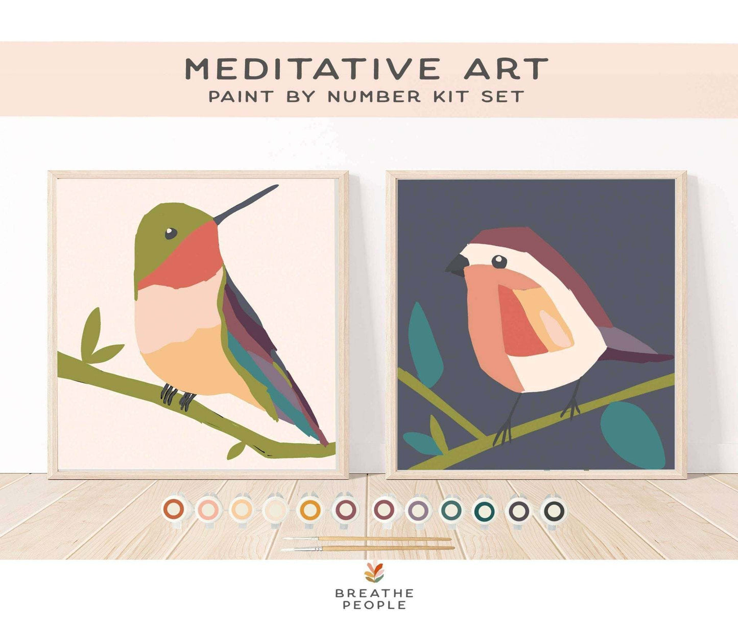 Meditative art paint by number kit featuring birds, includes canvas, brushes, acrylic paints, and guided meditations for mindfulness and creativity.
