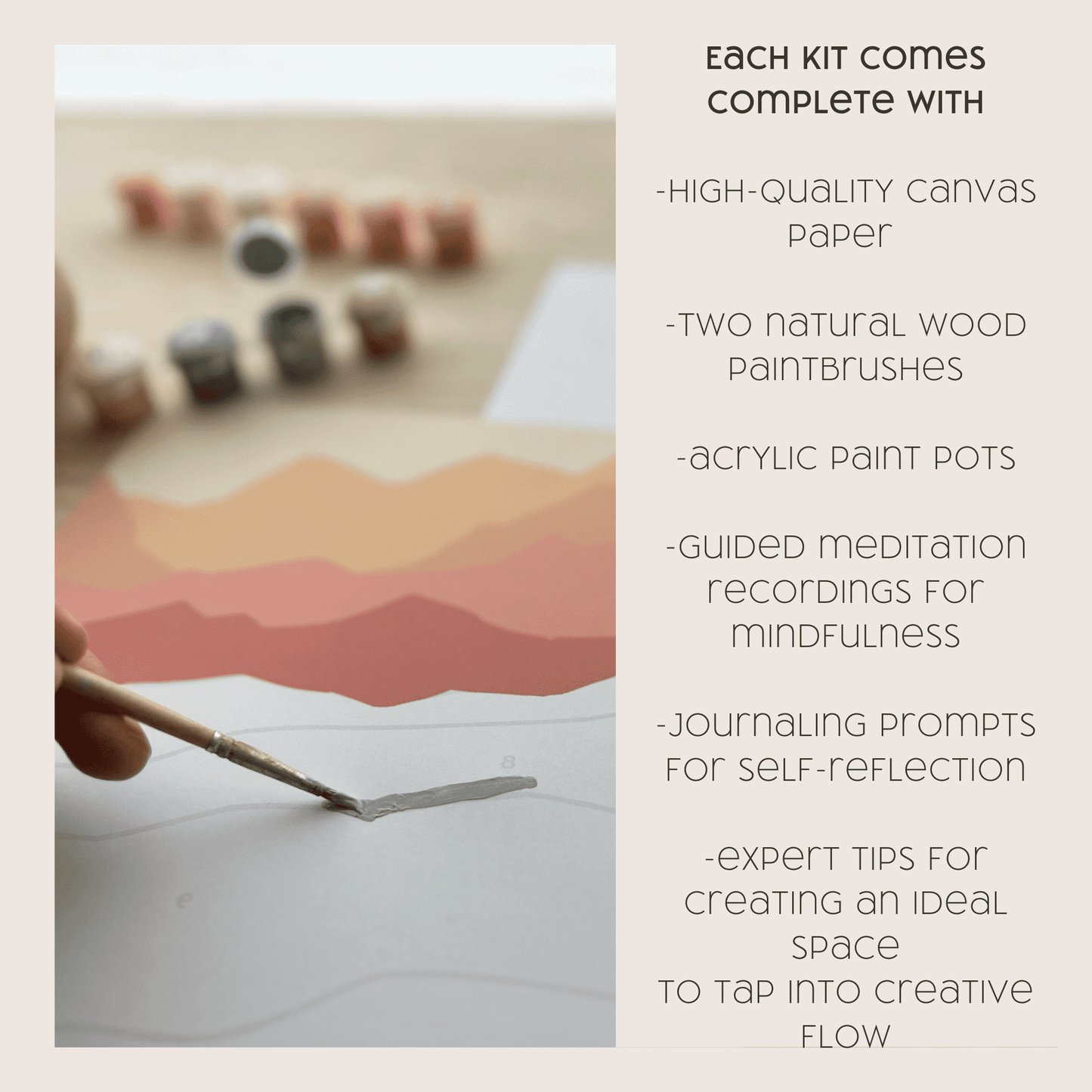 Paint by Number Kits with canvas paper, wood paintbrushes, acrylic paint pots, and meditation recordings.