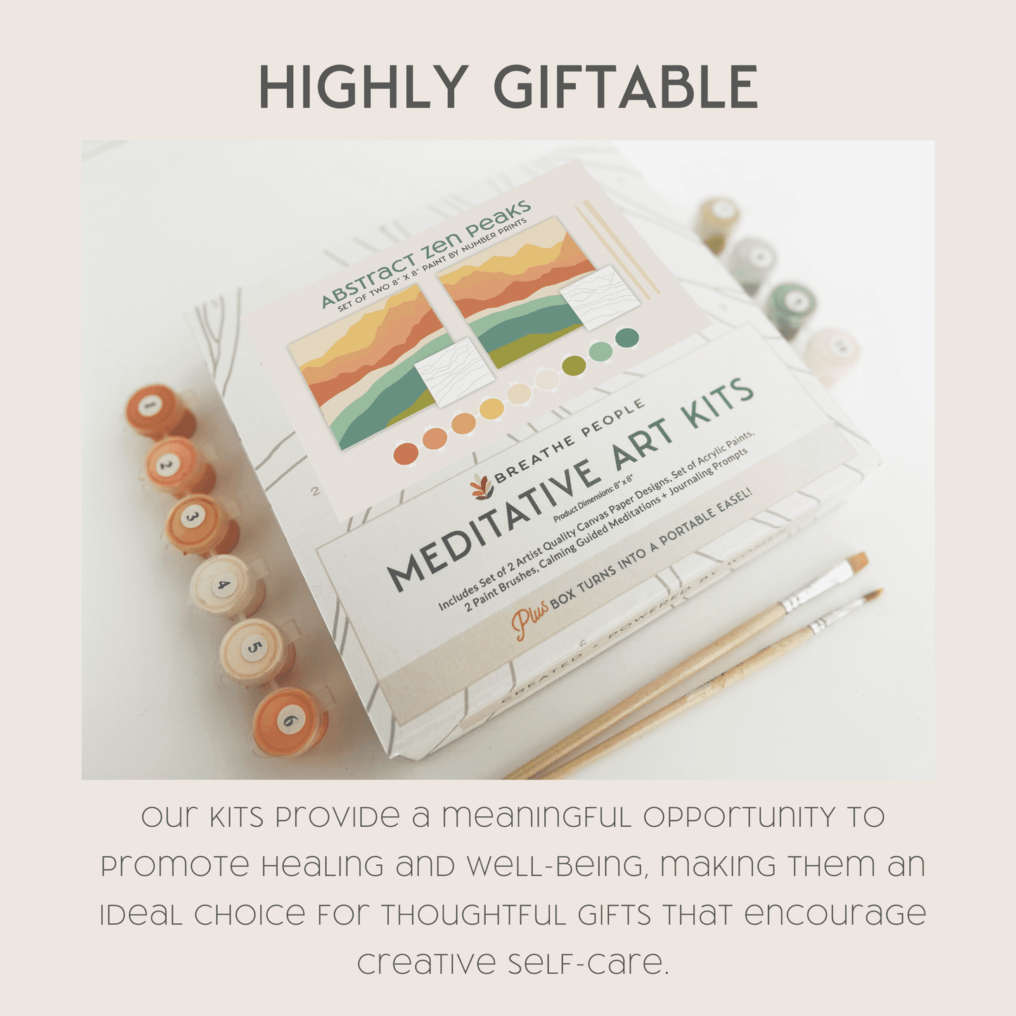 Paint by Number Kits with giftable packaging, acrylic paints, and brushes.
