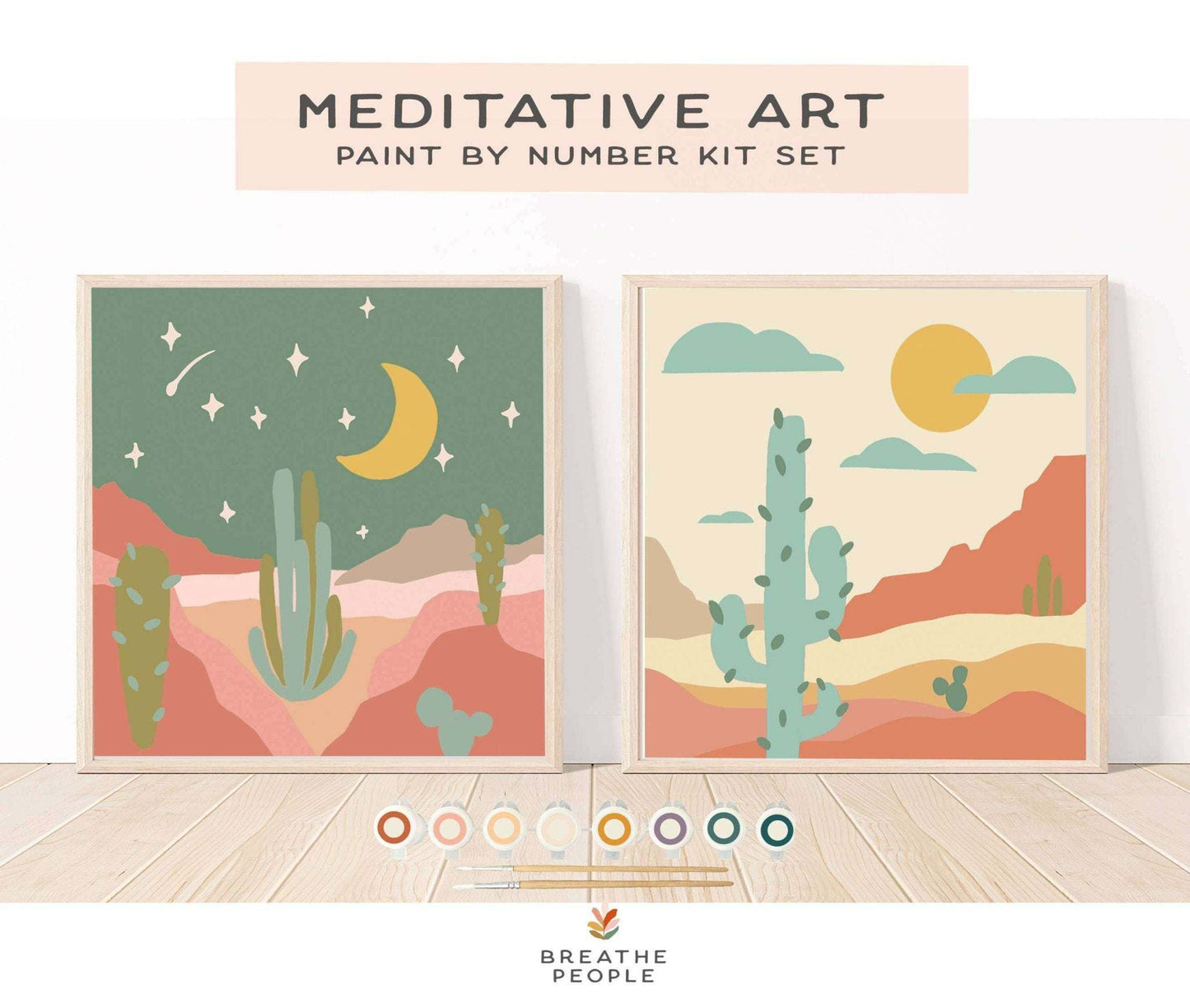 Meditative Art Paint by Number Kits with desert theme and easel.
