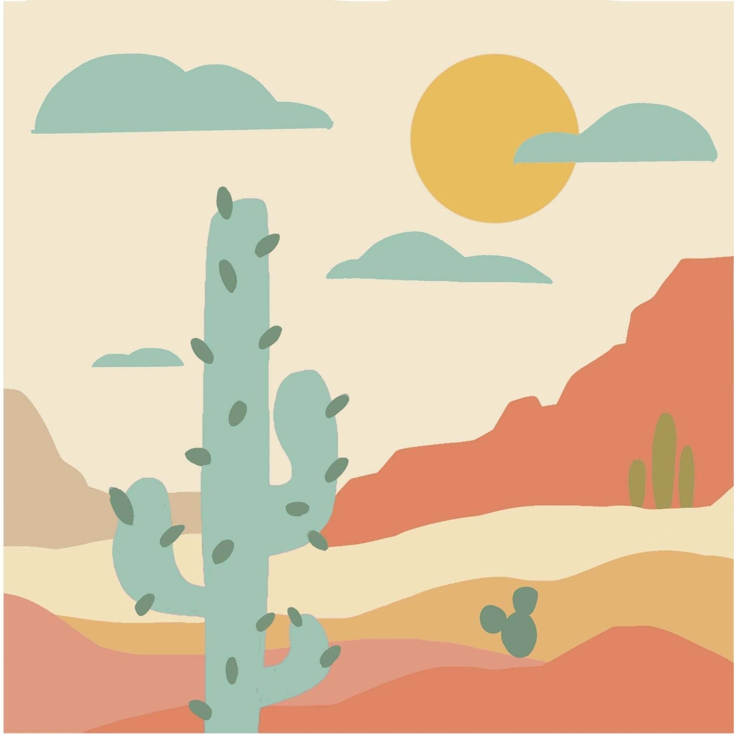 Desert landscape with cactus and sun, part of Zen Desert Meditative Art Paint by Number Kit.
