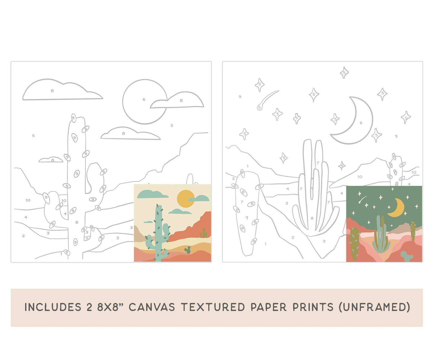 Paint by Number Kits featuring desert-themed canvas prints and premium art supplies.