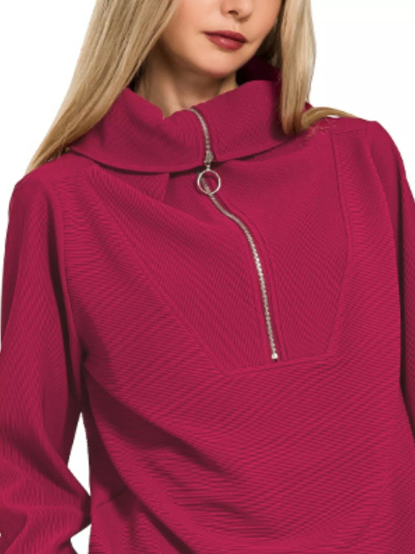 Zenana Ribbed High Neck Half Zip Pullover & Pants Set - Jennie Dots