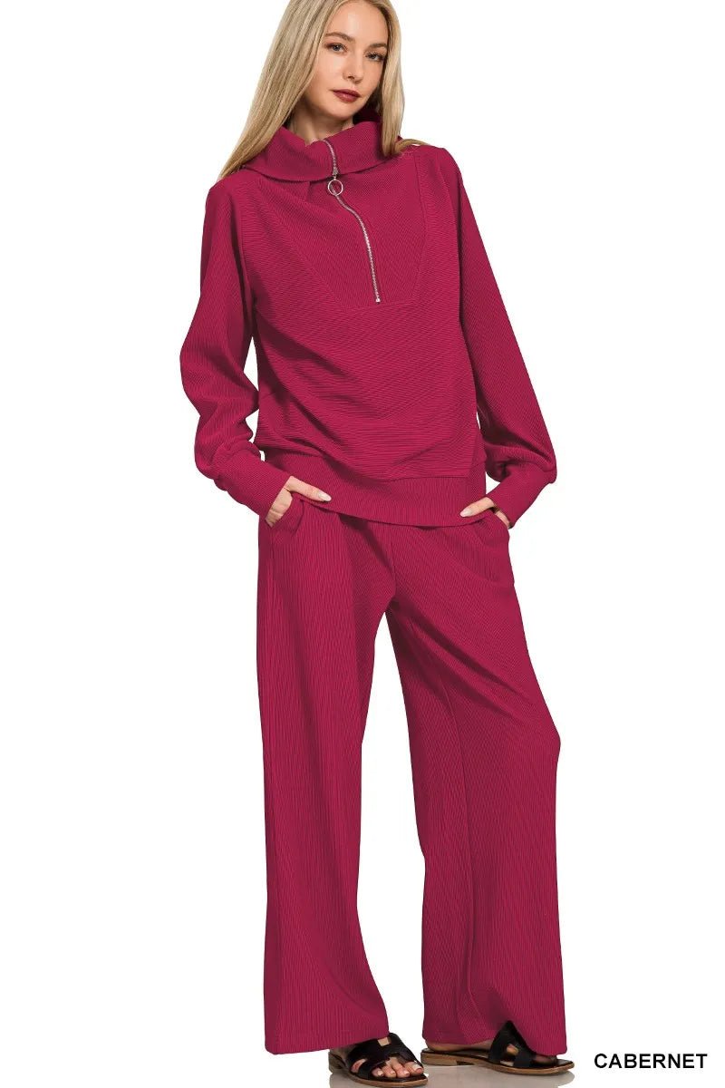 Zenana Ribbed High Neck Half Zip Pullover & Pants Set - Jennie Dots