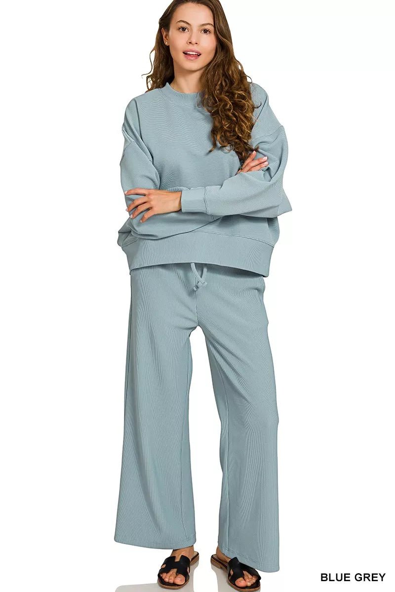 Zenana Ribbed Round Neck Pullover and Drawstring Pants Set - Jennie Dots