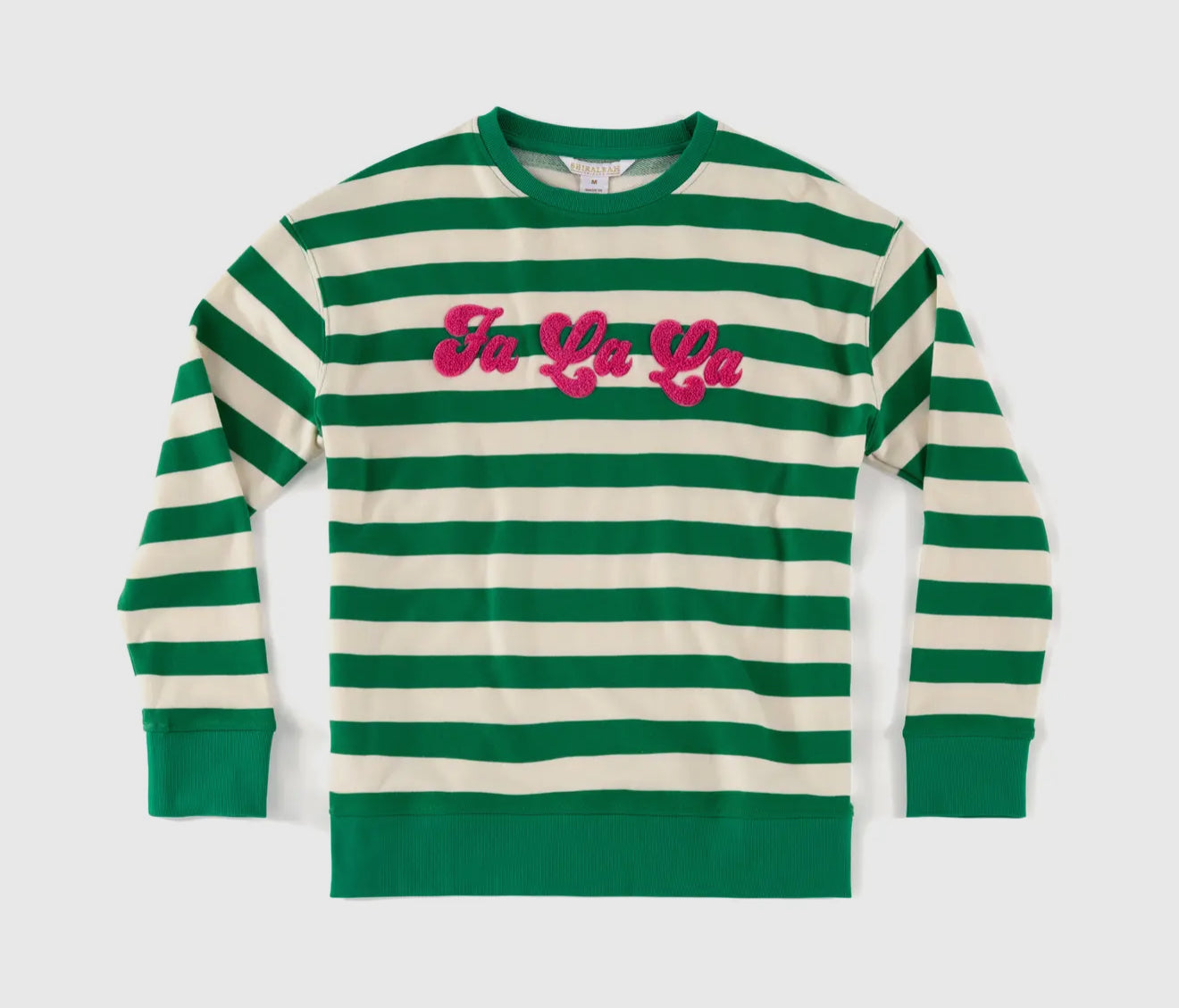 Comfortable sweatshirts and tees featuring a green and cream striped sweatshirt with 'Fa La La' embroidery.