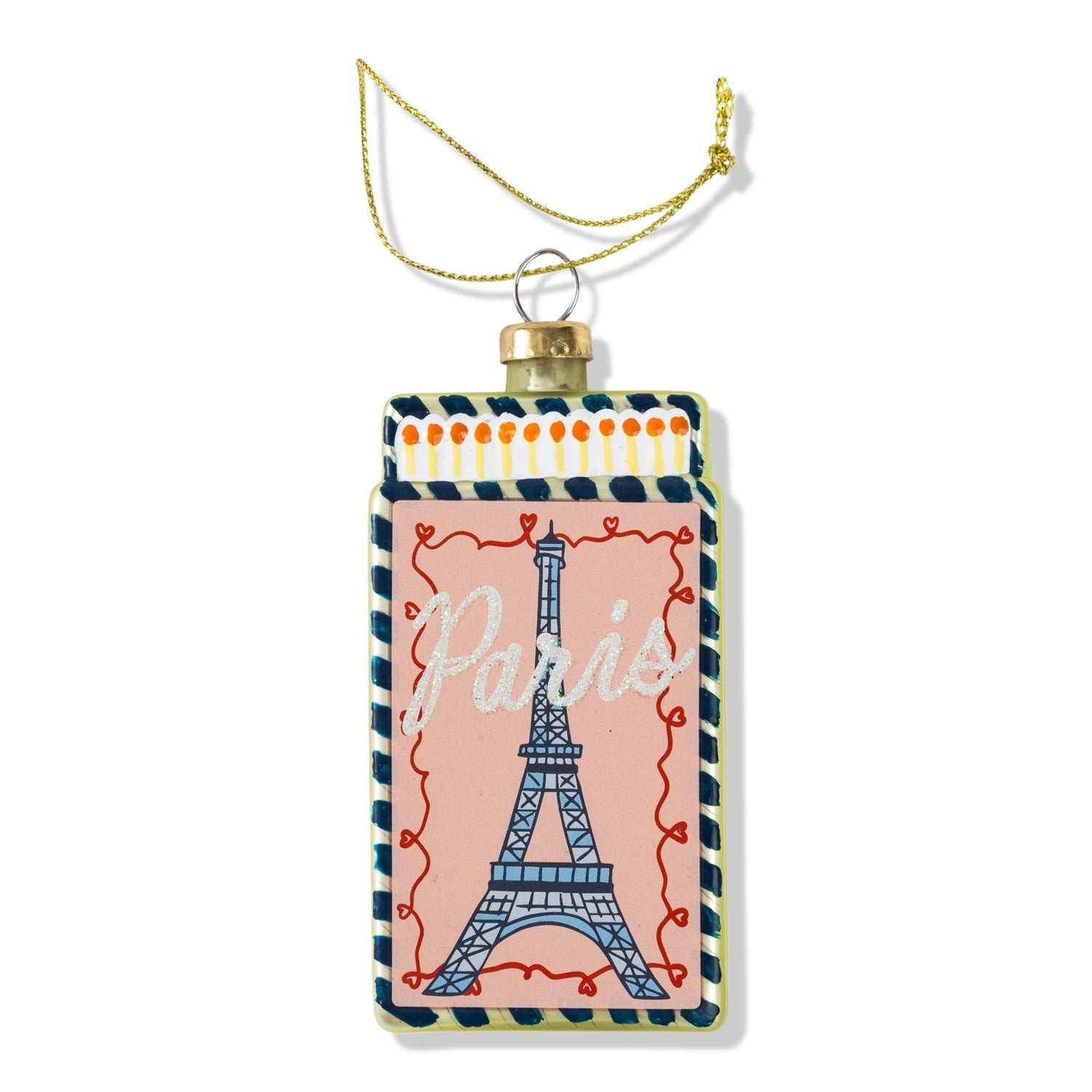 Unique Christmas tree ornaments featuring a colorful Paris-themed design with the Eiffel Tower.