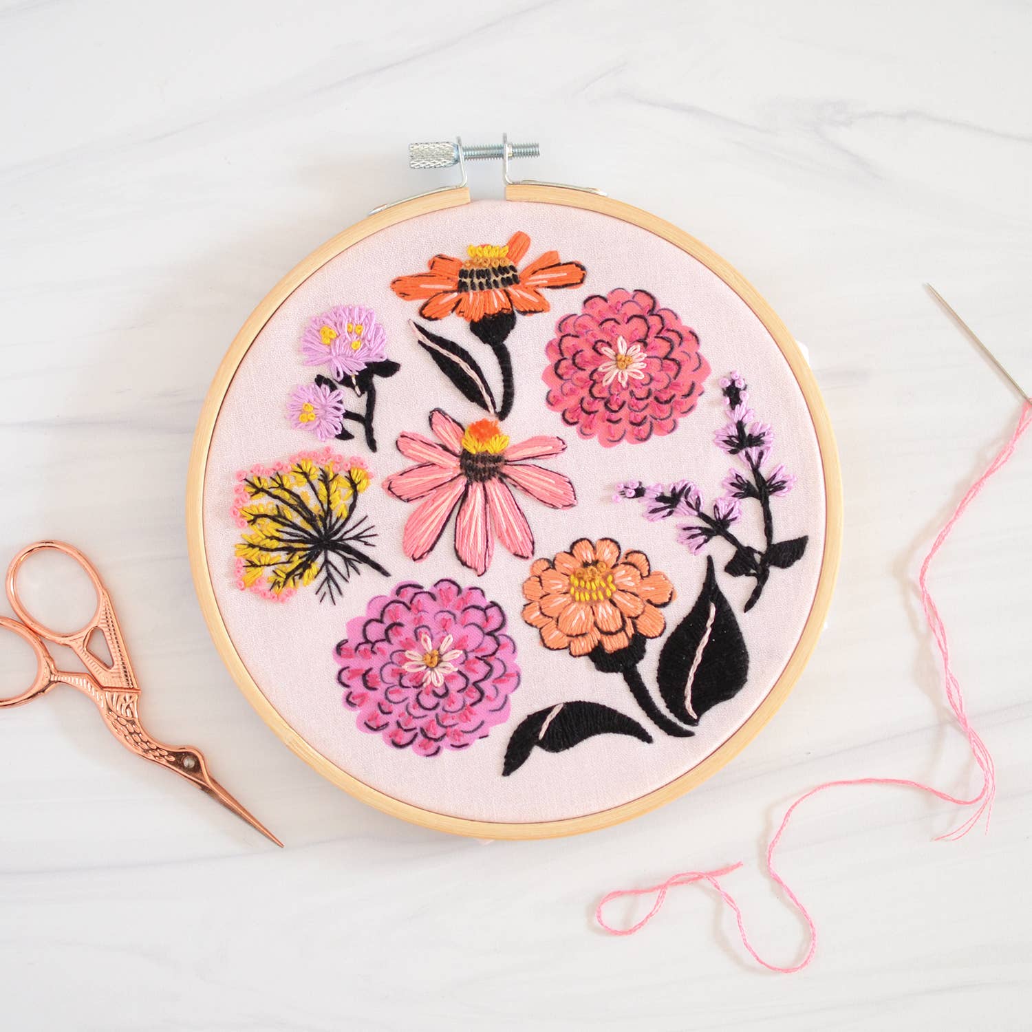 Zinnia Sampler Premium Embroidery Kit, 6 inch by Antiquaria - Jennie Dots