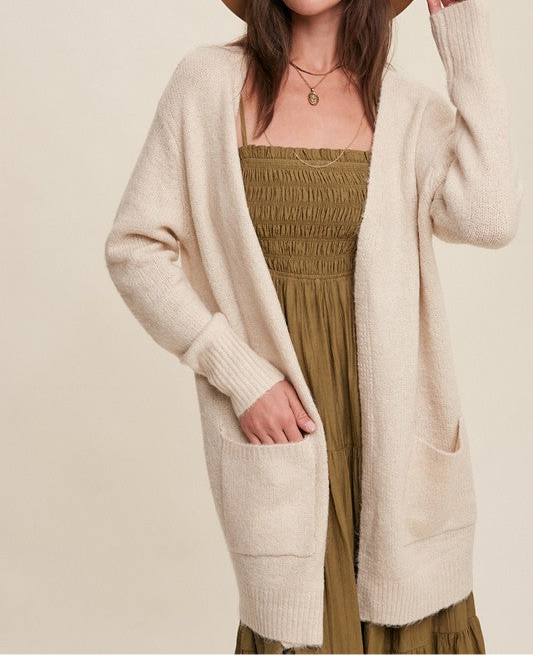 Two Pocket Open-Front Long Knit Cardigan