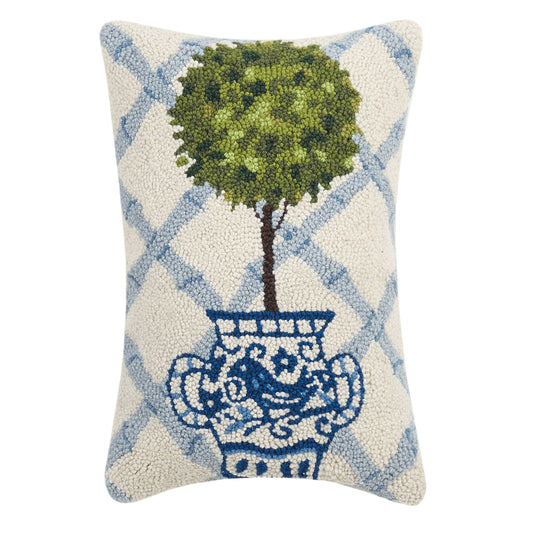 Ball Topiary Hook Pillow, Blue Trellis Pattern