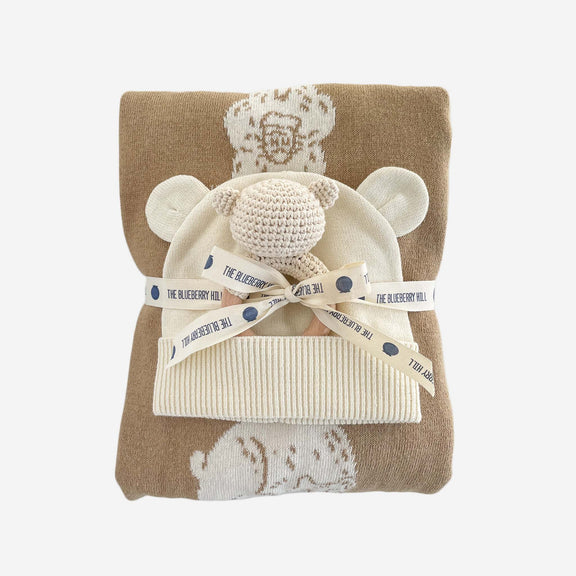 The Blueberry Hill - Set Honey Bear Blanket Hat and Teether Baby Gift Summer - Jennie Dots
