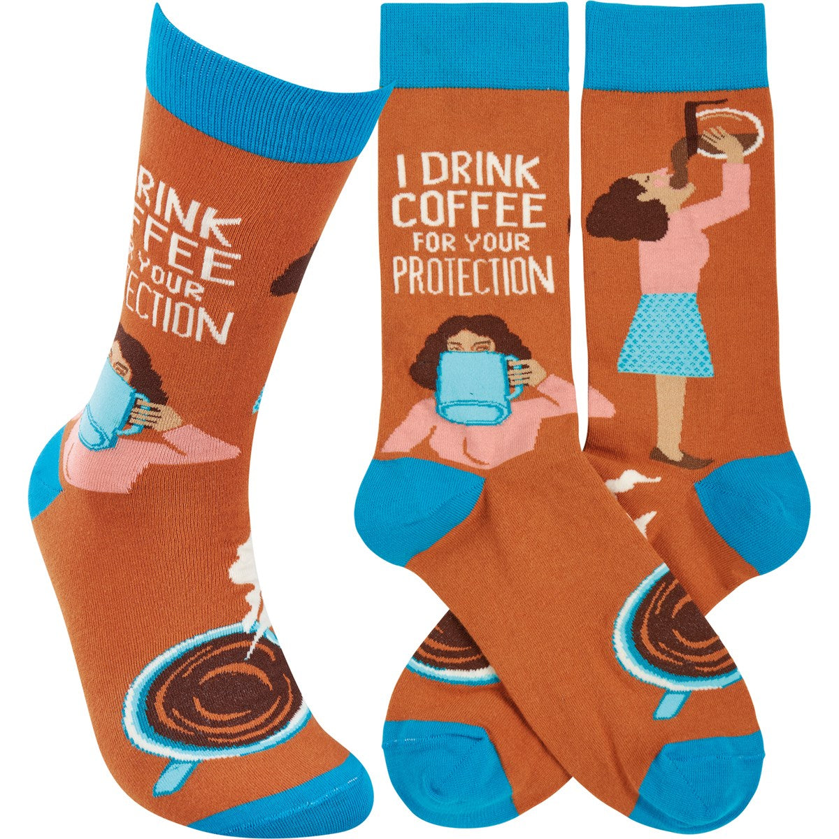 I Drink Coffee For Your Protection Funny Socks in Aqua Blue and Brown