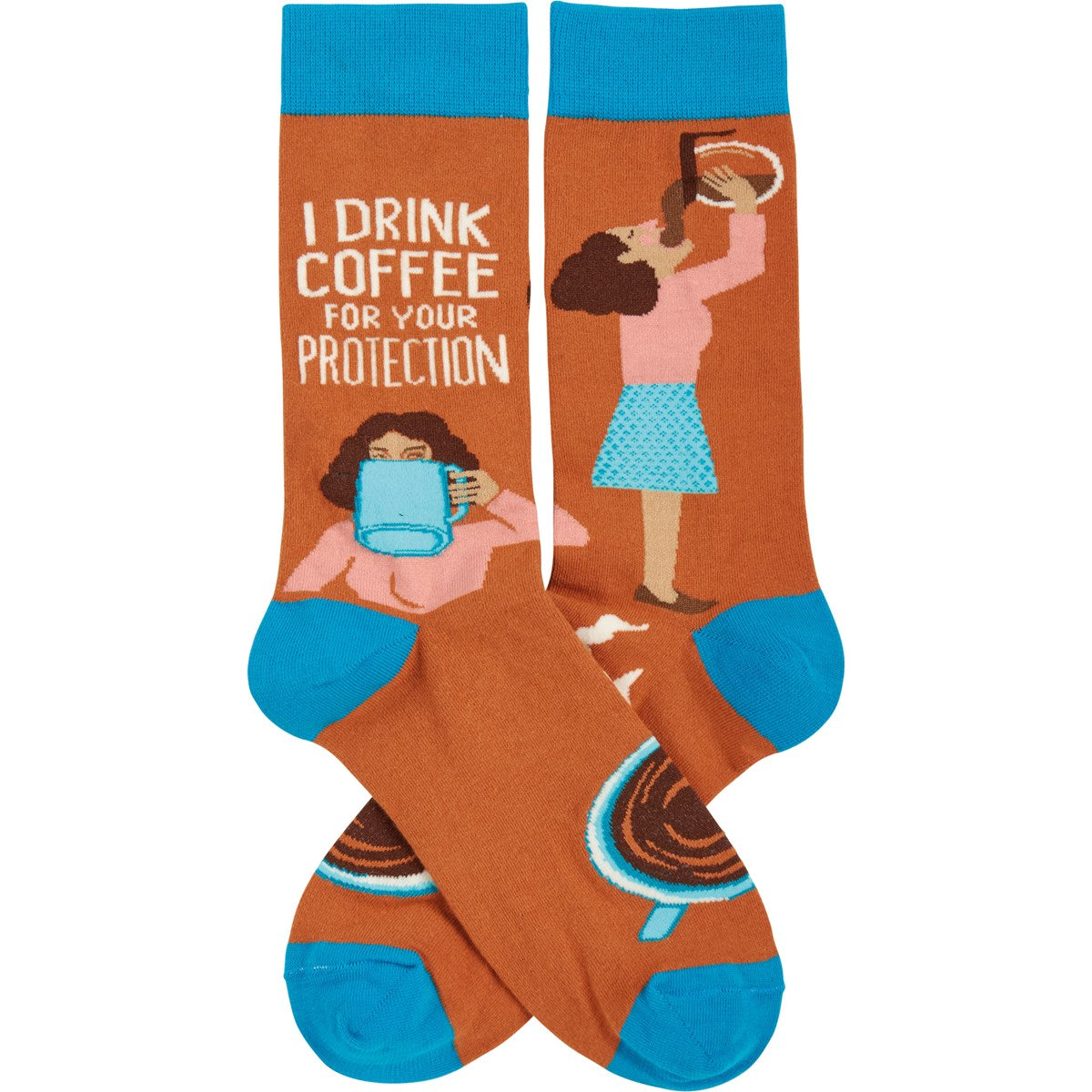 I Drink Coffee For Your Protection Funny Socks in Aqua Blue and Brown